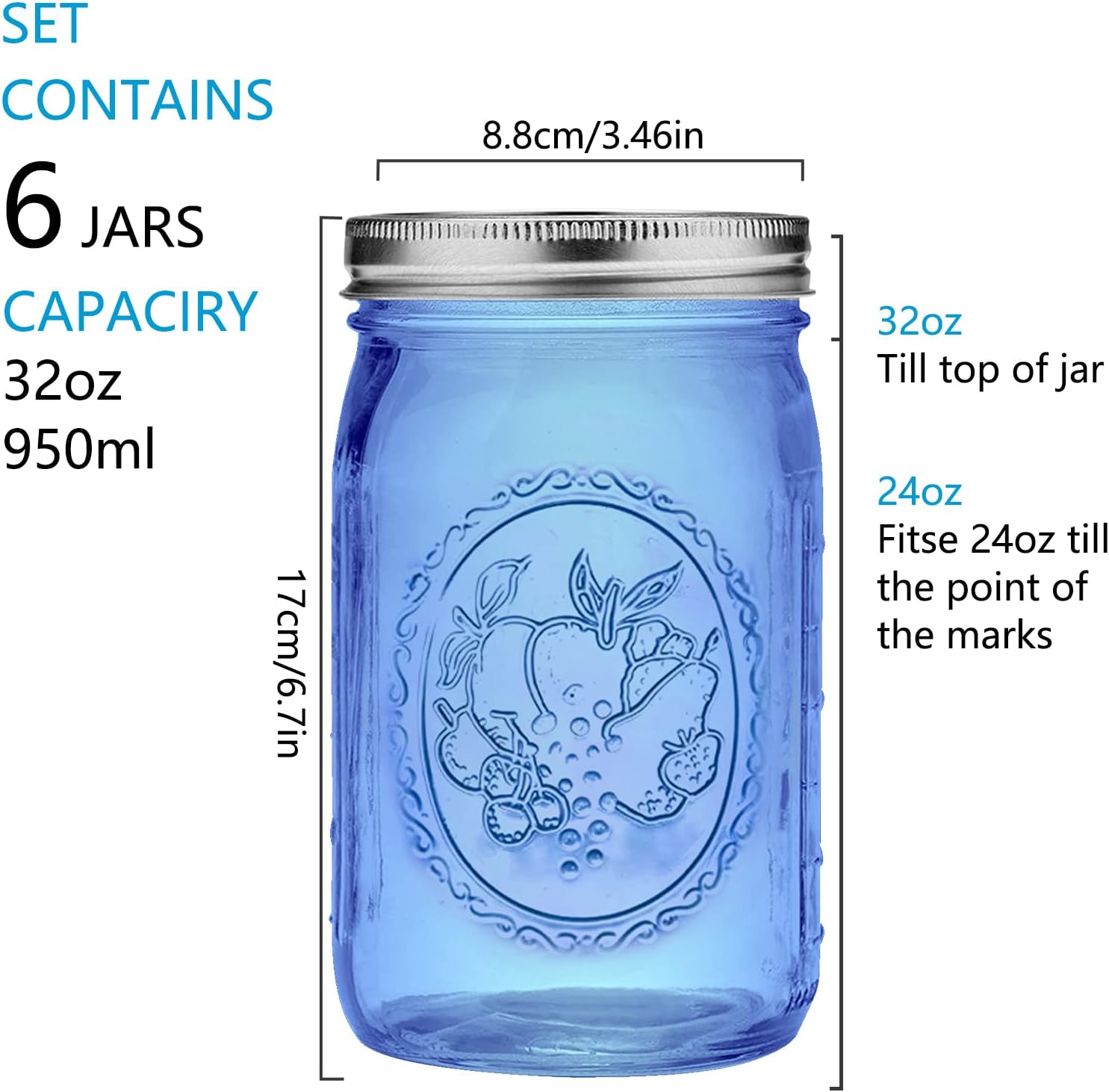 eleganttime Blue 32 Ounce Mason Jars 6 Pack