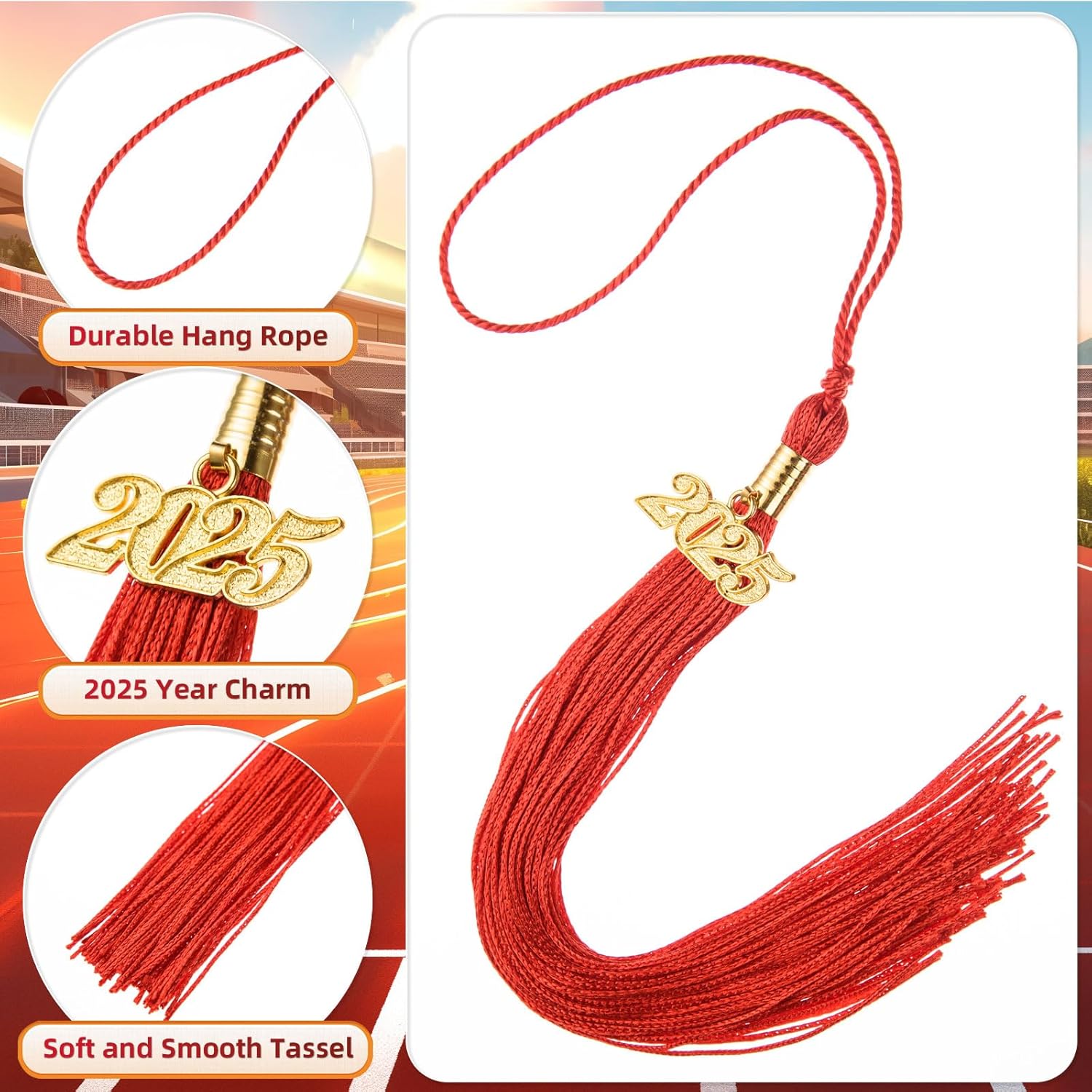 2025 Gold Charm Tassel Set for Graduation Cap - 12 Pieces Red