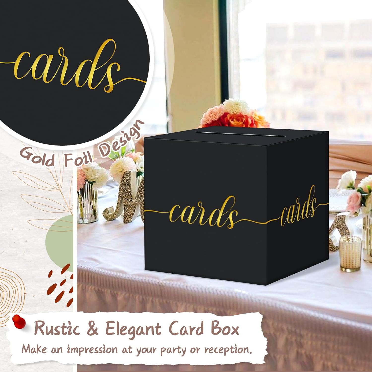 QIKSION Gold Foil Black Card Box for Graduation and Wedding