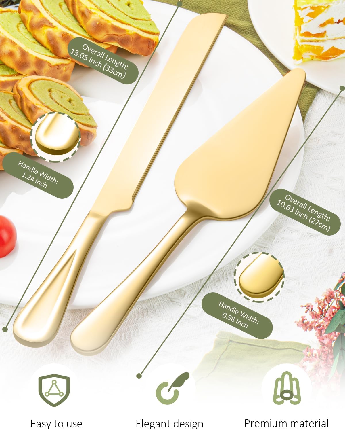 FTAKRY 13-Inch Cake Cutting Set with Server Gold