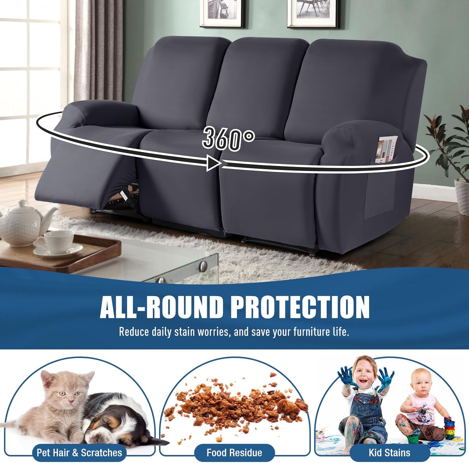 TAOCOCO 3-Piece Recliner Sofa Slipcover Dark Gray