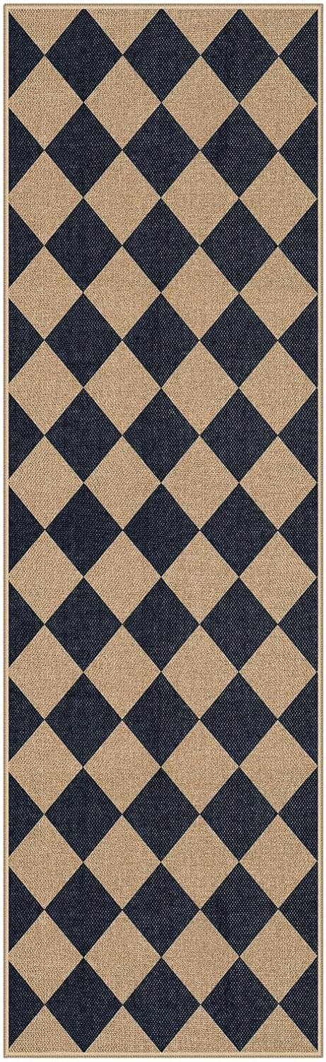 Lahome Checkered Jute Look Runner Rug 2x8 Non Slip Washable
