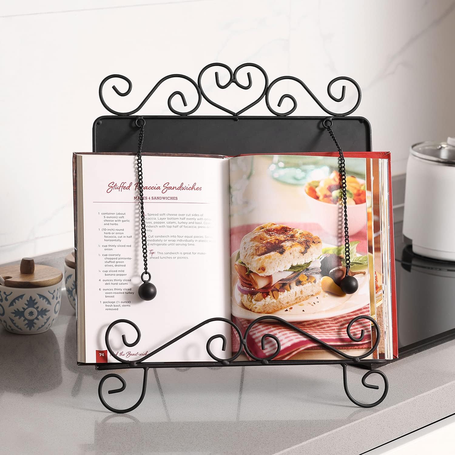 MyGift Black Metal Cookbook Stand with Heart Design