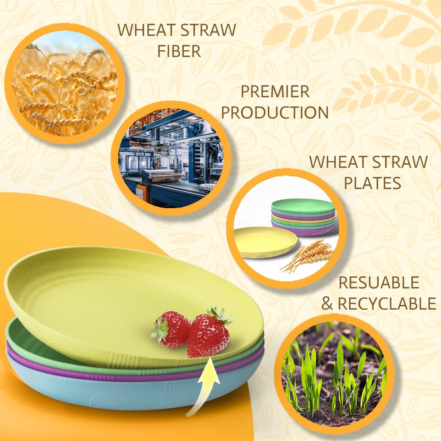 SINOGE 10 Inch Wheat Straw Dinner Plates Set of 8