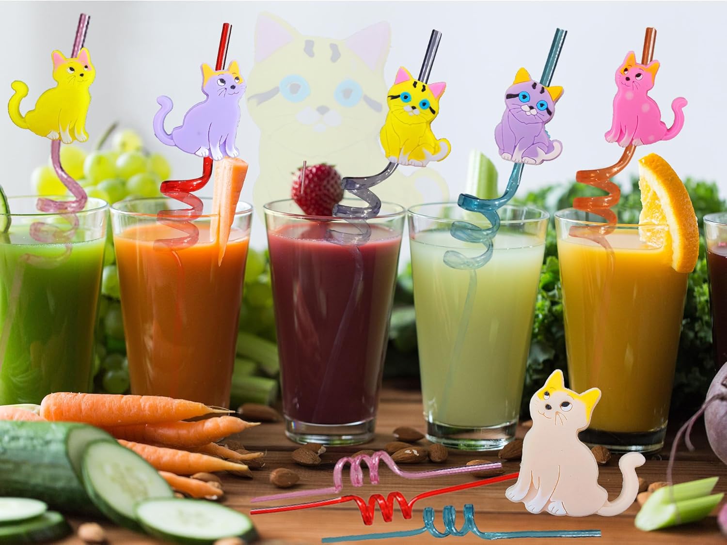 20 Reusable Plastic Straws with Cat Designs