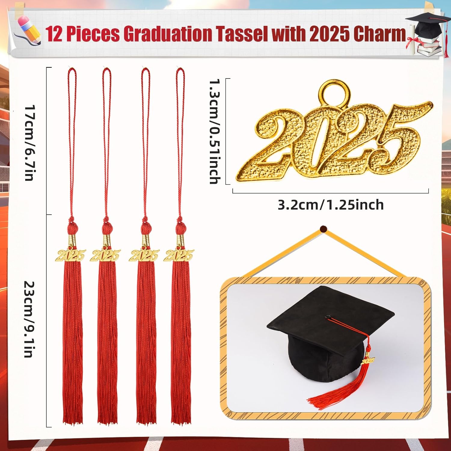 2025 Gold Charm Tassel Set for Graduation Cap - 12 Pieces Red