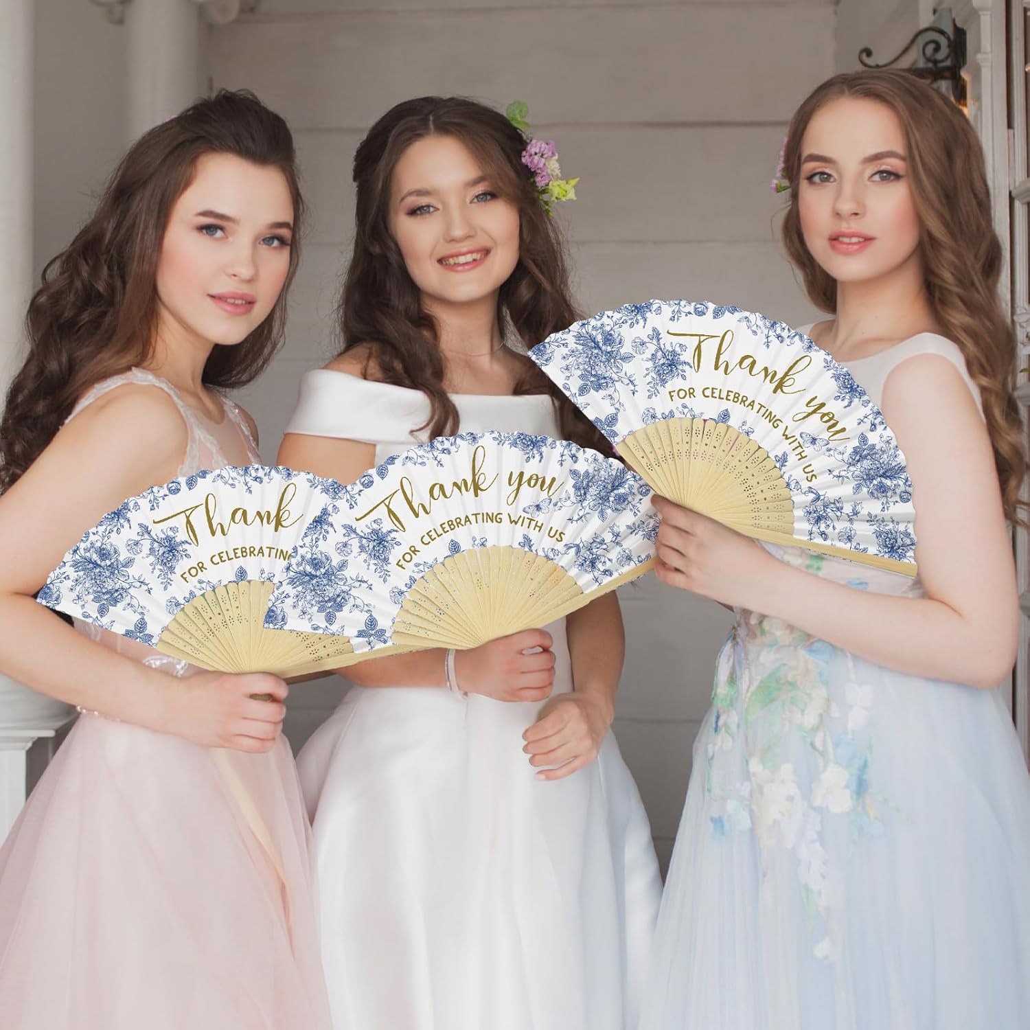 50 Pcs Blue White Flowers Foldable Wedding Fans with Organza Bags