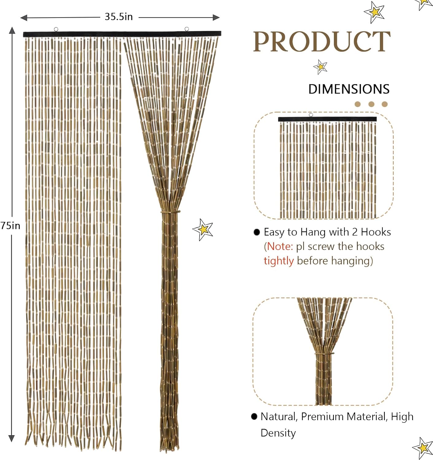 Bamboo Beaded Curtain 355 x 75 52 Strands Boho Door Divider