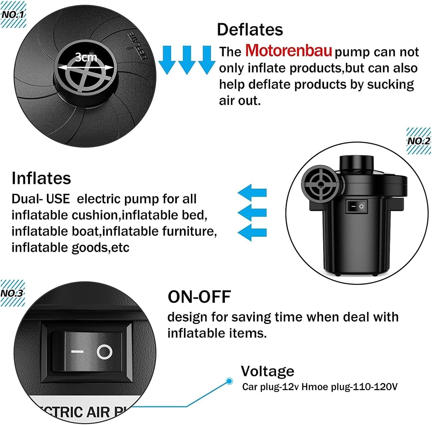 Electric Air Pump with 3 Nozzles for Inflatable Mattresses and More
