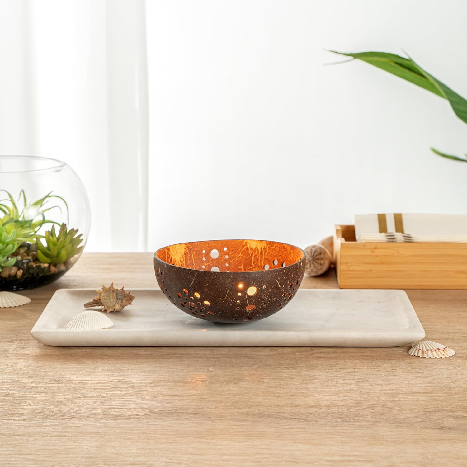 Restaurantware Coco Casa Coconut Shell Candle Holder Sun Pattern Handcrafted