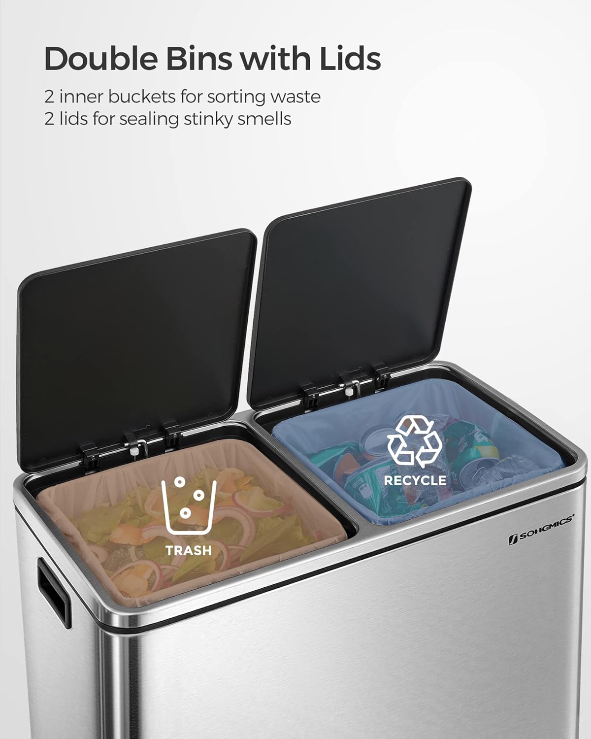 SONGMICS Trash Can with 2 Compartments and Hinged Lids