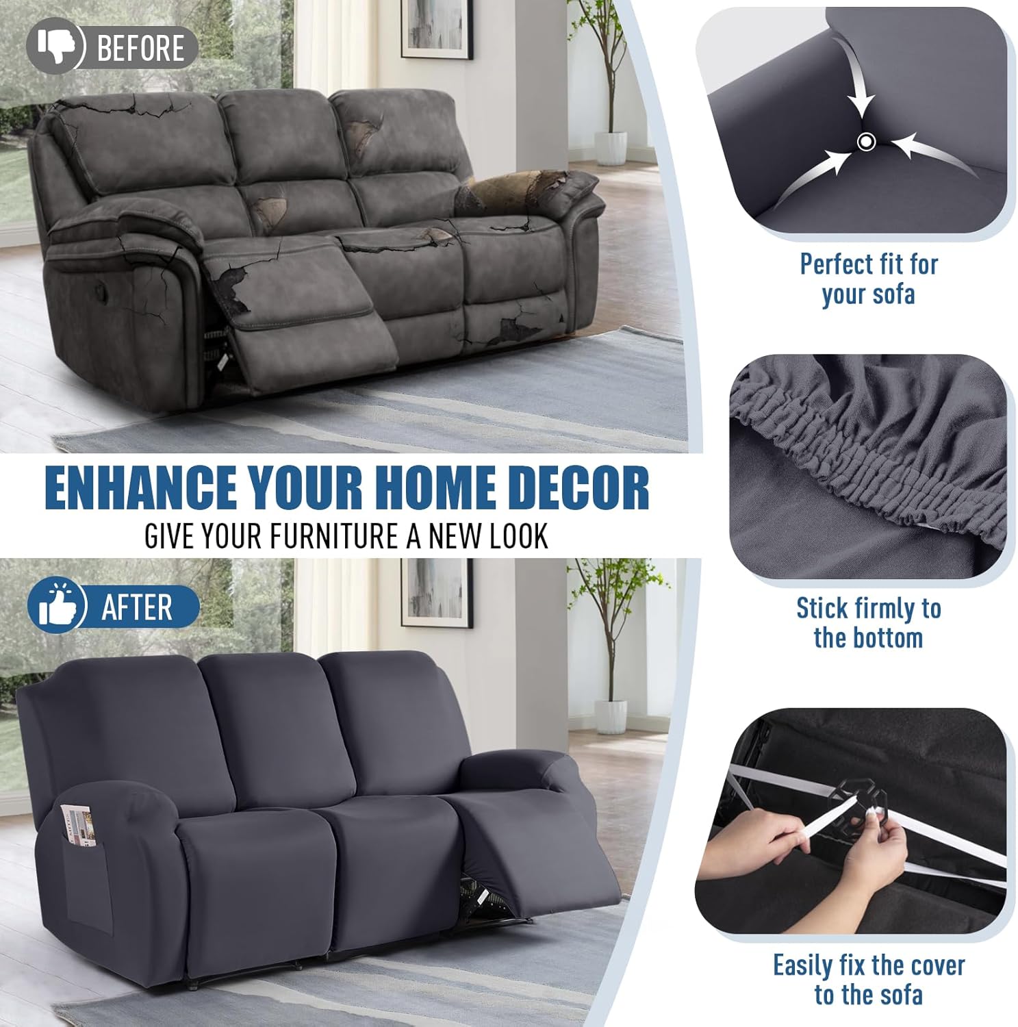 TAOCOCO 3-Piece Recliner Sofa Slipcover Dark Gray