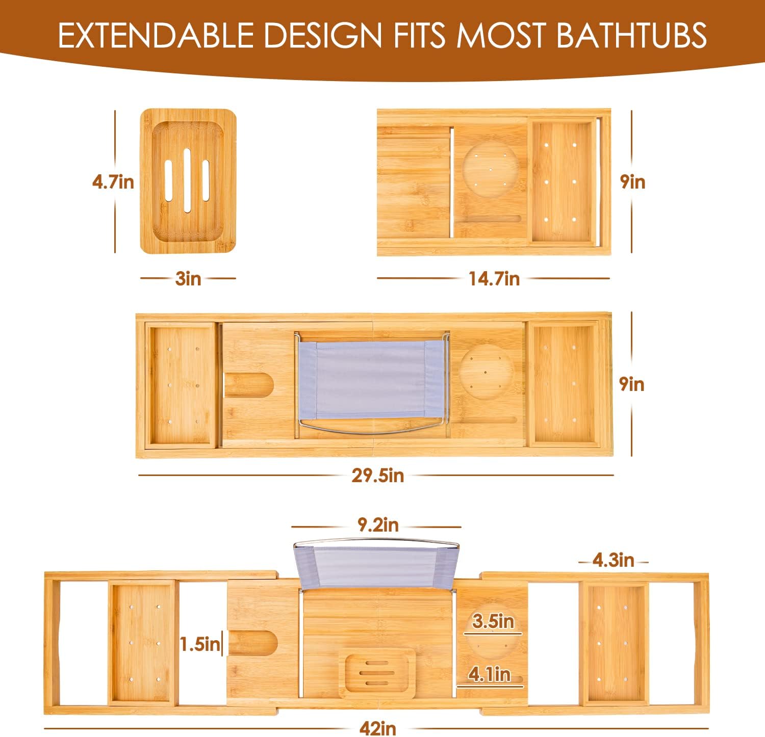 Beshof Foldable Bamboo Bathtub Tray with Holder