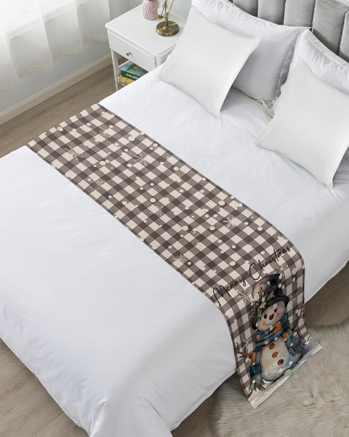 Homechoid Buffalo Plaid Snowman Bed Runner for King Size Bed