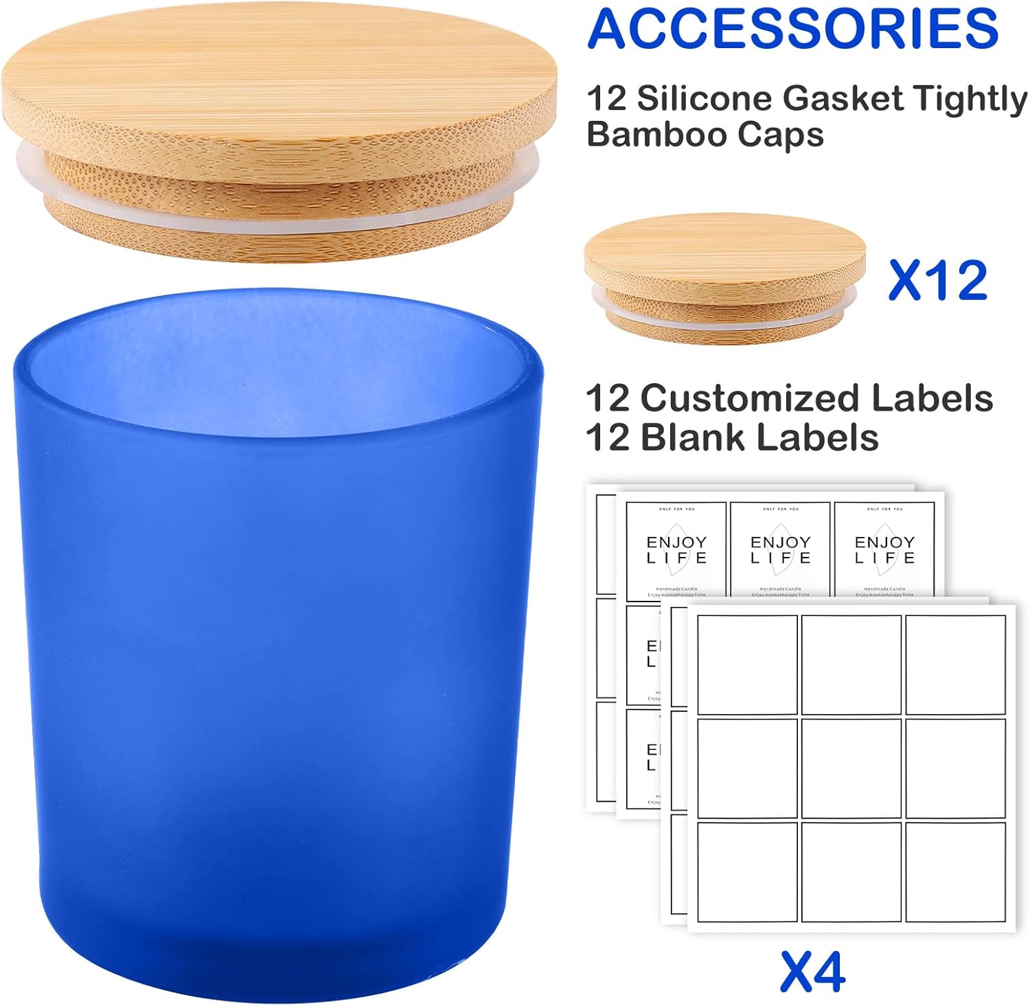 GOTIDEAL 12 Pack 9 OZ Frosted Blue Candle Jars with Bamboo Lids