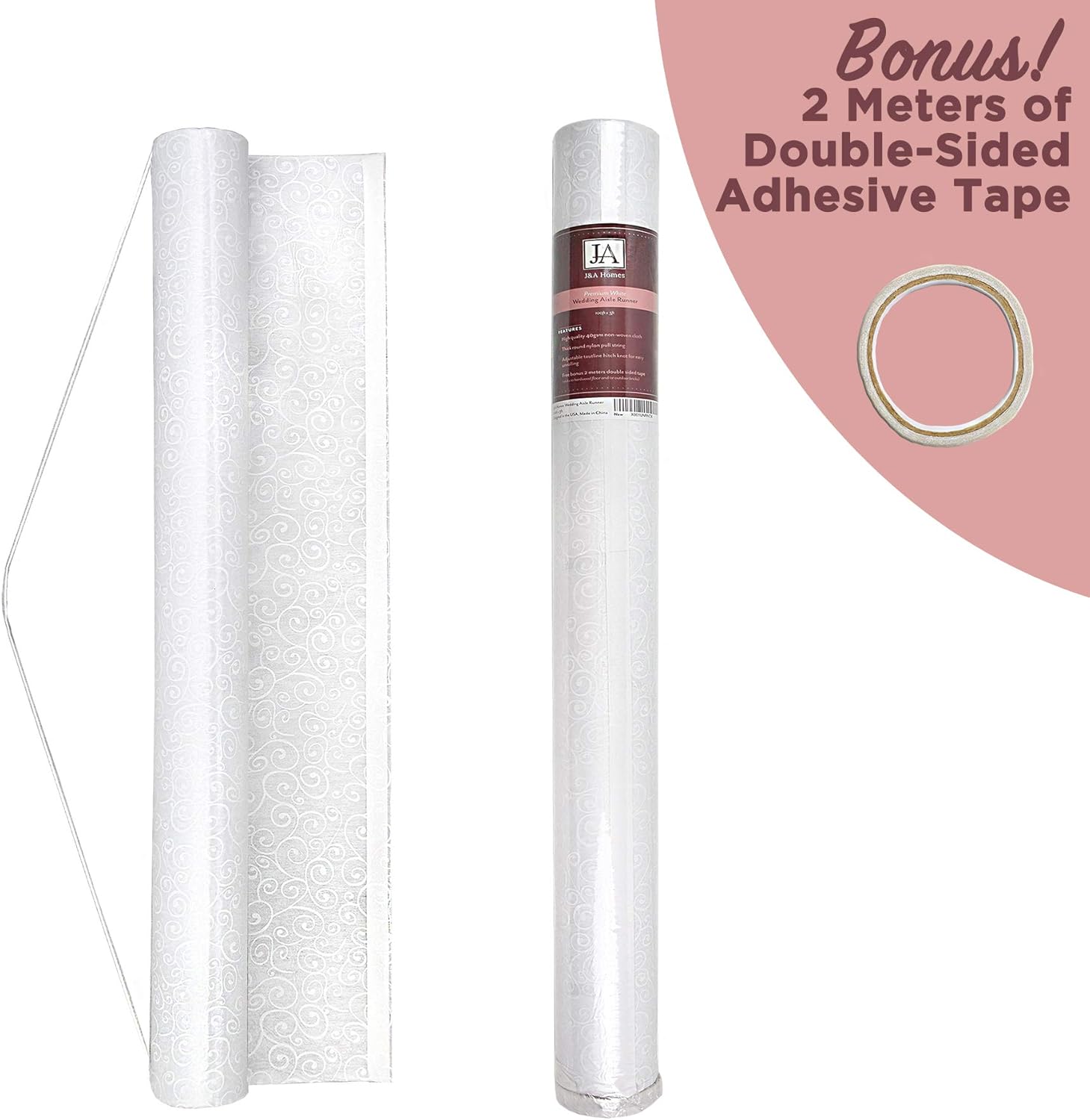 JA Homes White Wedding Aisle Runner - Durable Nylon with Double-Sided Tape