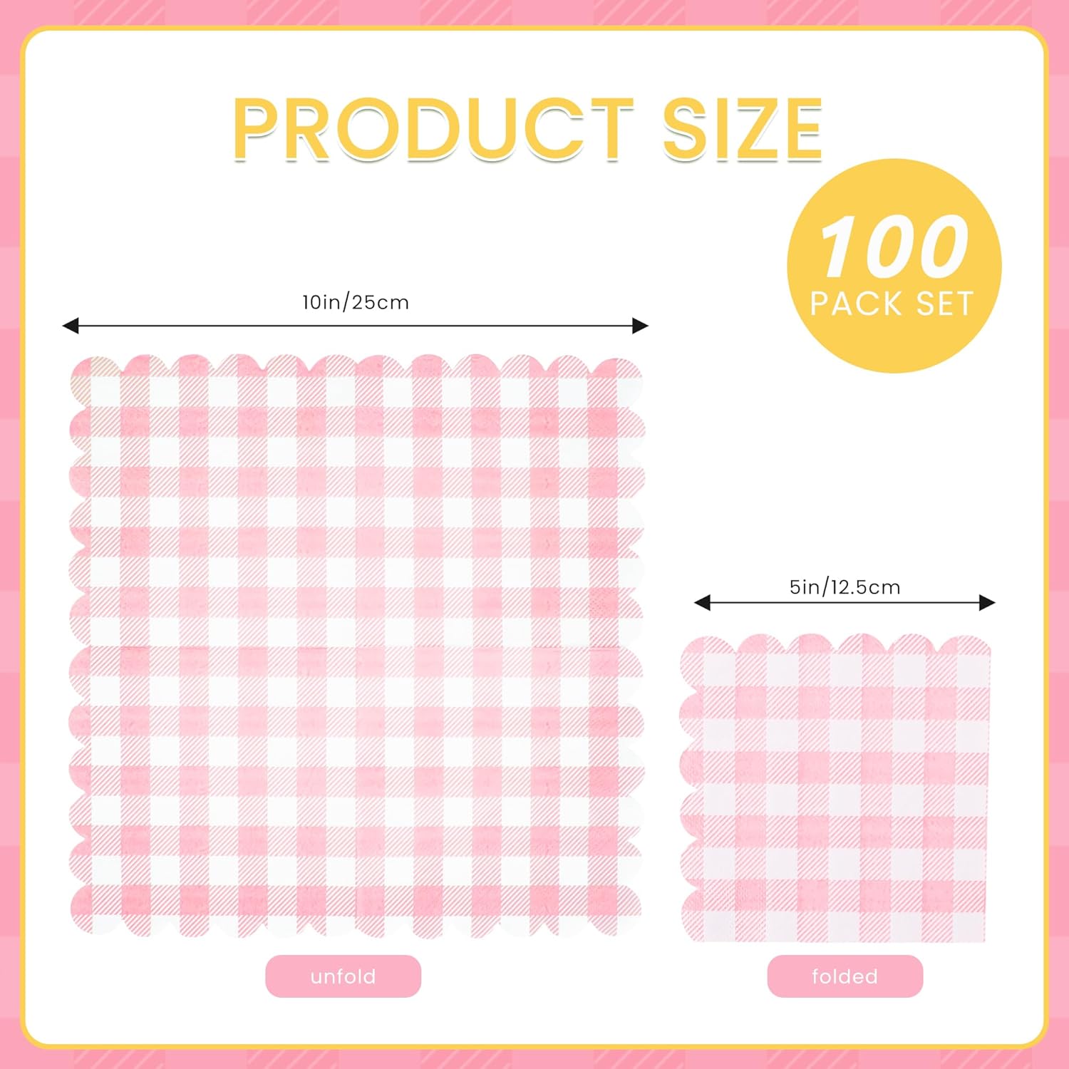 100 Pcs Pink Gingham Cocktail Napkins 5x5 Inches Scalloped