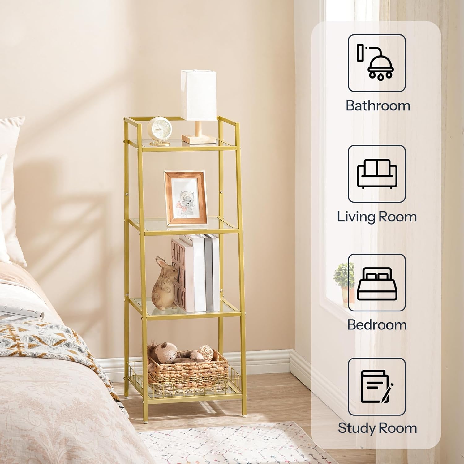 HOOBRO 4 Tier Gold Glass Shelf Stand for Bathroom
