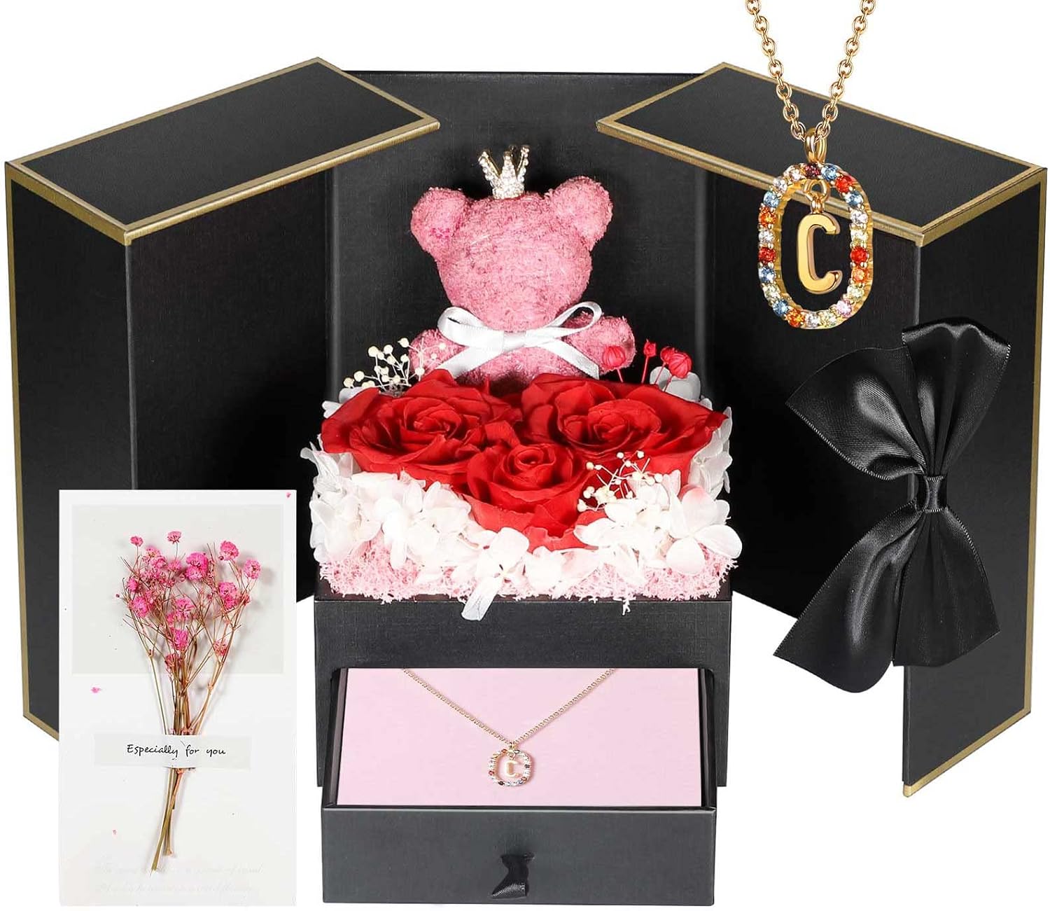 Cute Preserved Real Roses Bear Gift Box for Girlfriend with Initial Necklace