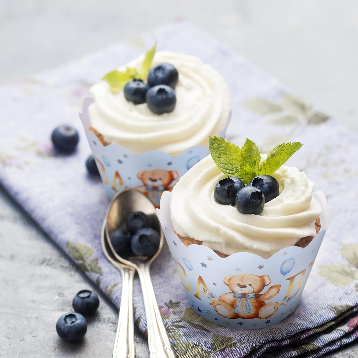 Whaline 36Pcs Blue Bear Cupcake Wrappers Baking Liners
