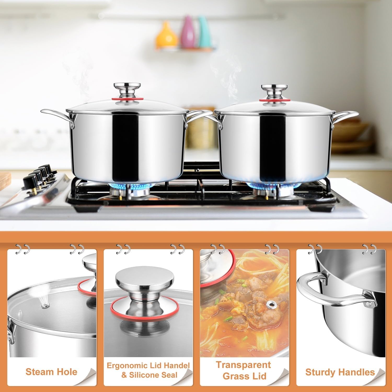 8 Qt Stainless Steel Stock Pot with Glass Lid