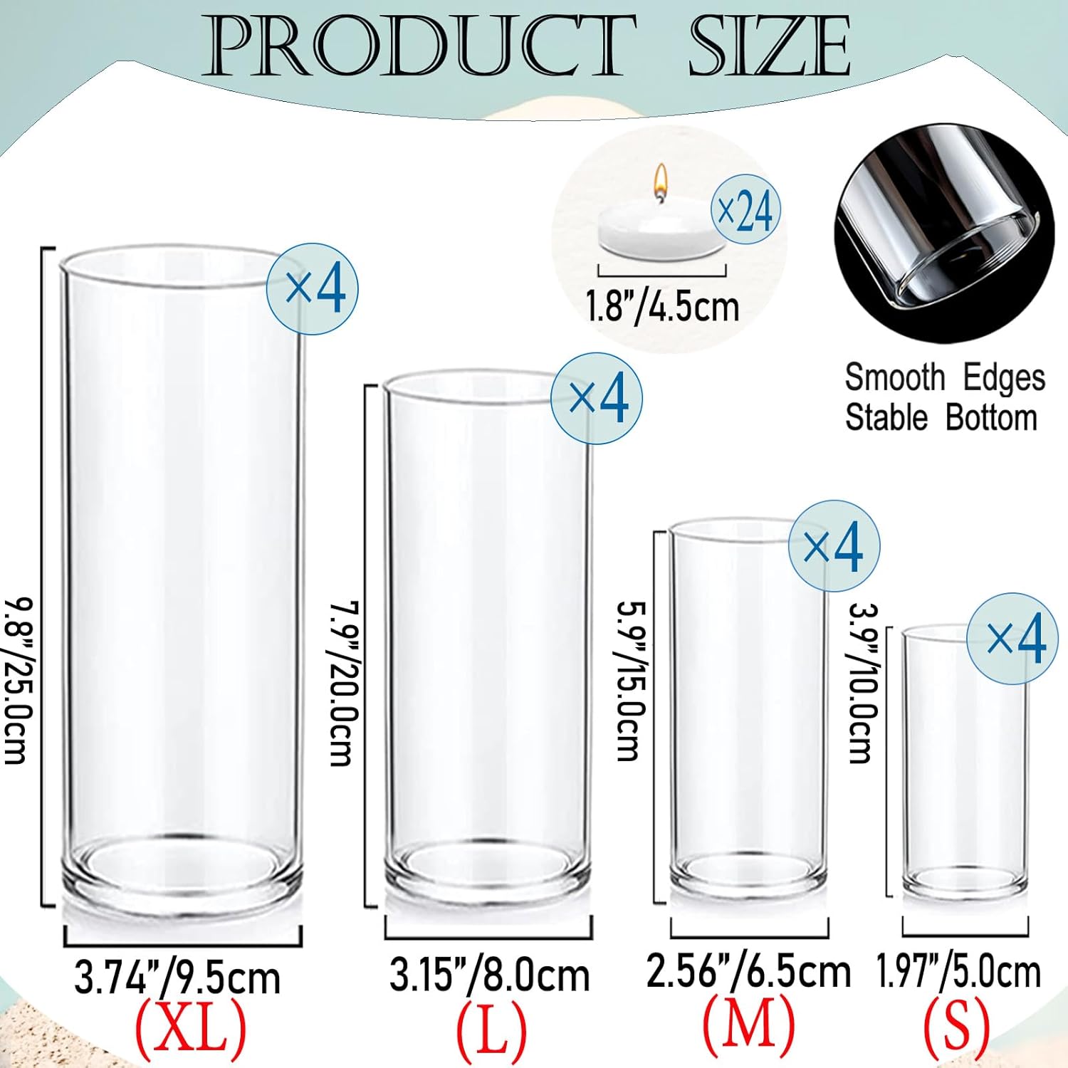 Set of 16 Glass Cylinder Vases with 24 Floating Candles for Centerpieces