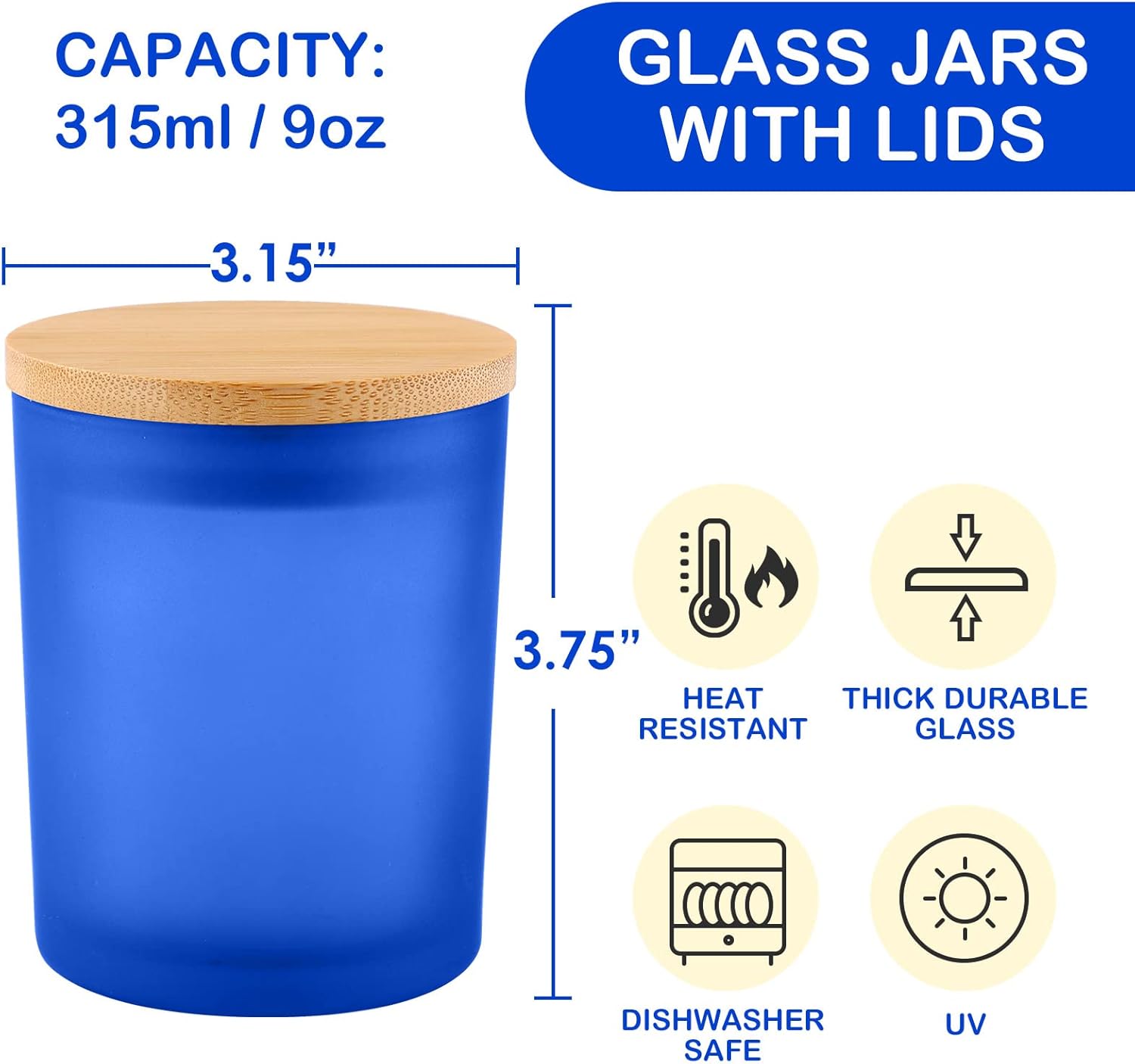 GOTIDEAL 12 Pack 9 OZ Frosted Blue Candle Jars with Bamboo Lids