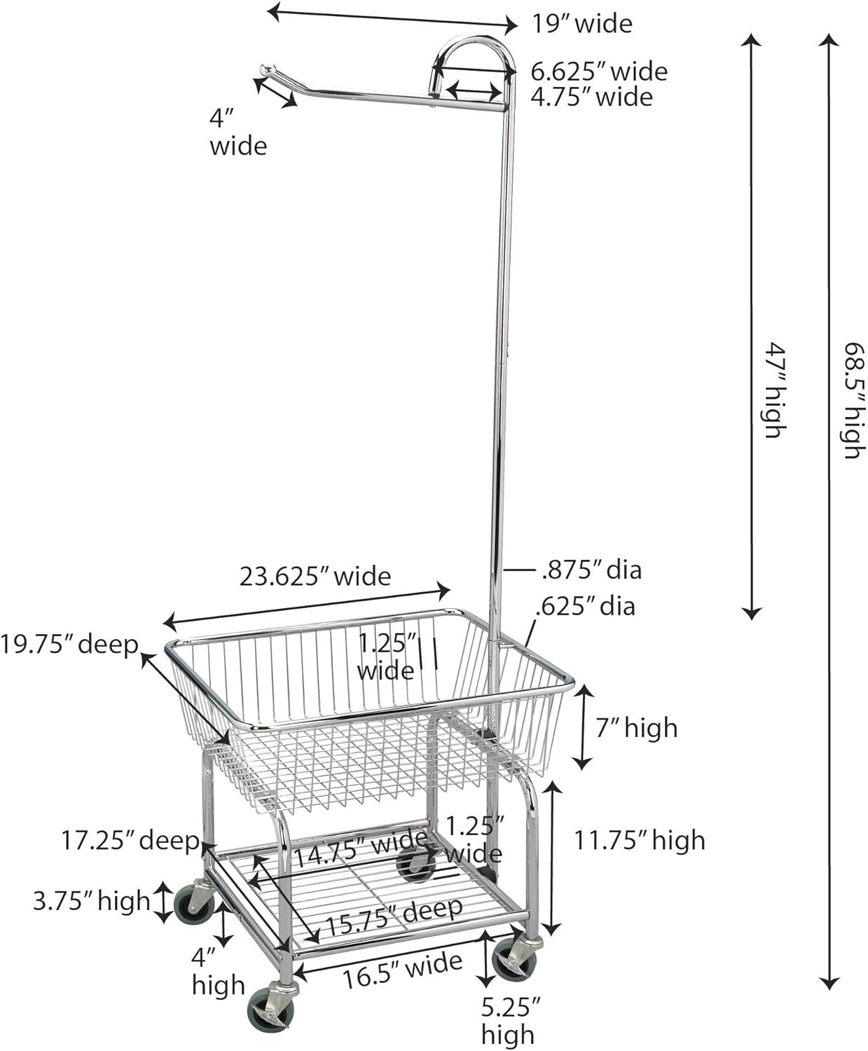 Household Essentials Rolling Laundry Cart with Hanging Bar Chrome Finish