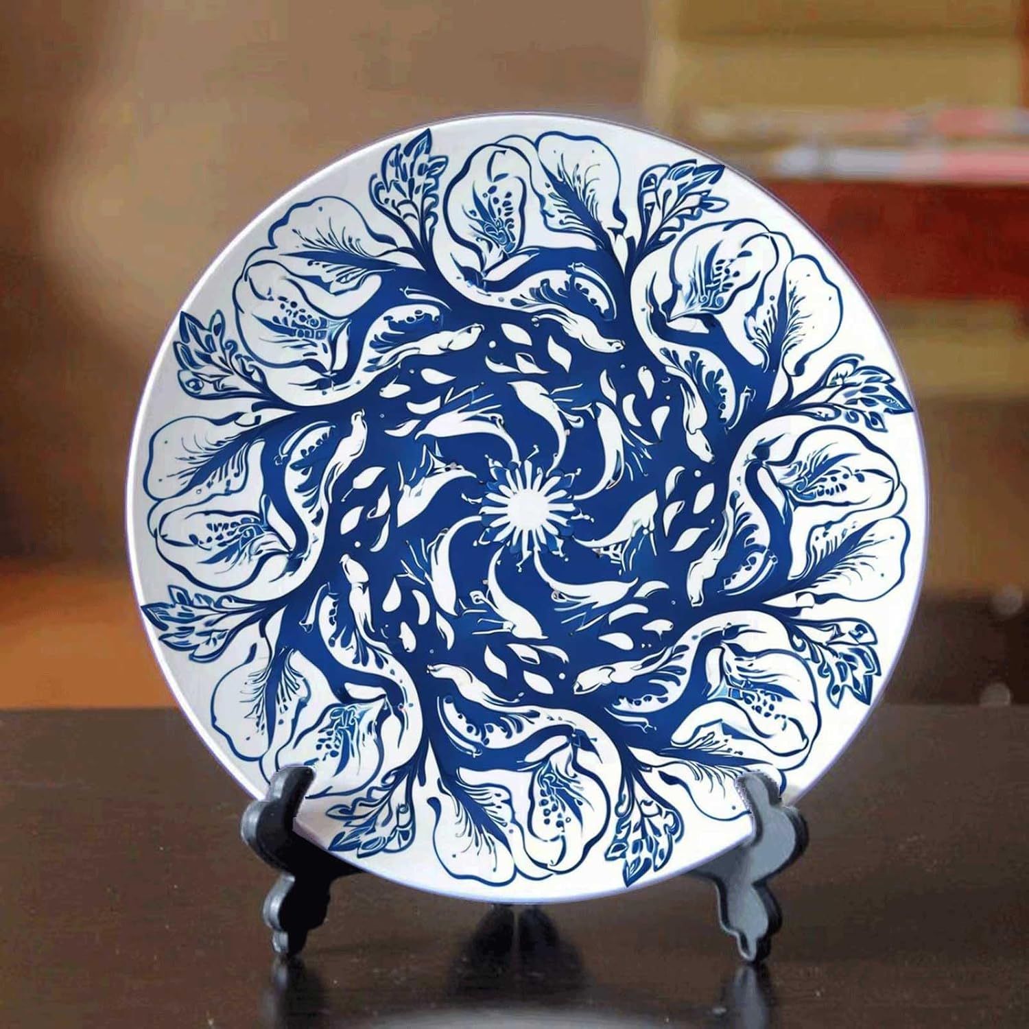 Blue and White Leaf Decoration Bone China Plate with Stand