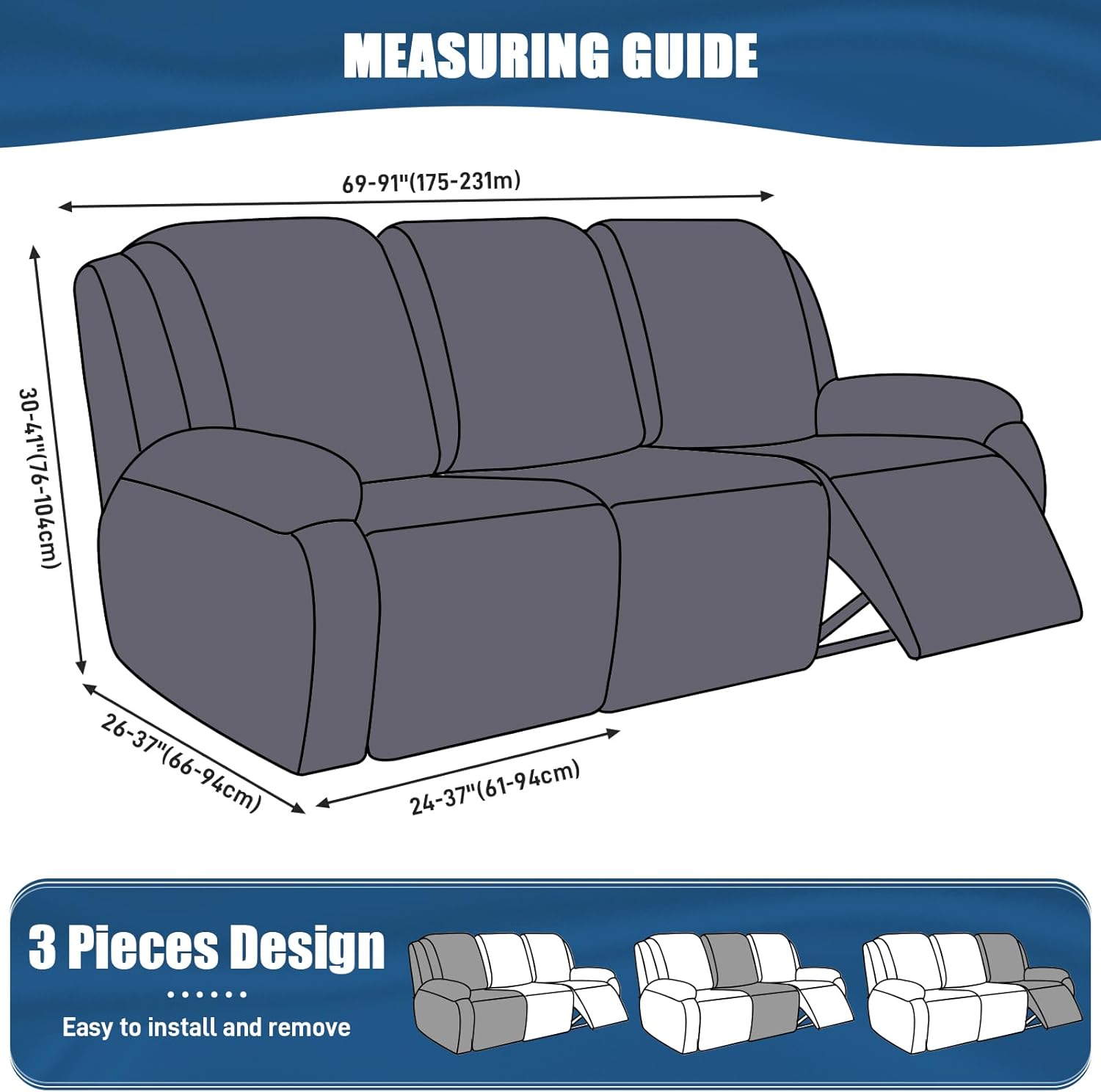 TAOCOCO 3-Piece Recliner Sofa Slipcover Dark Gray