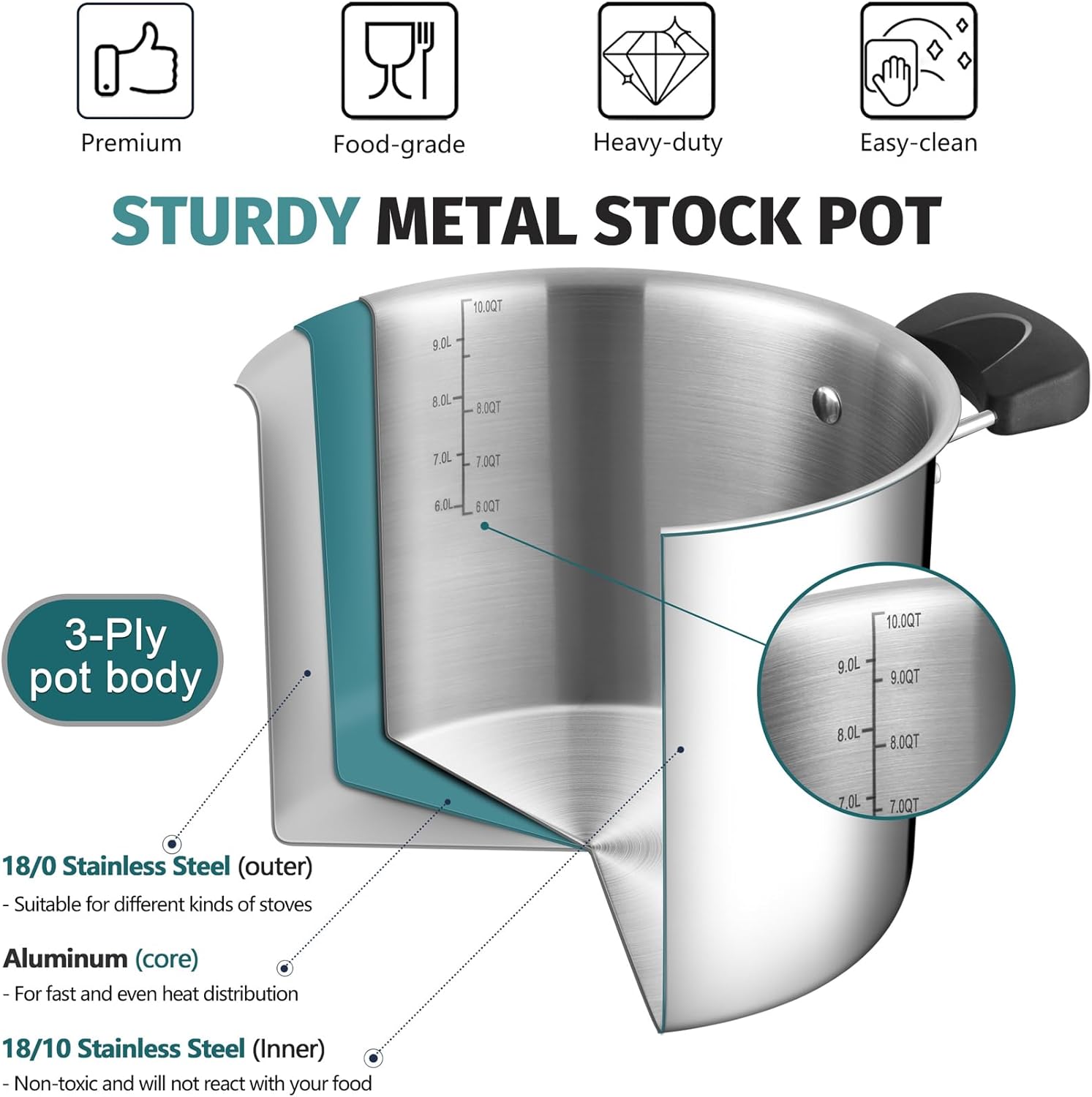 PP CHEF 10 Quart Stainless Steel Stock Pot with Lid