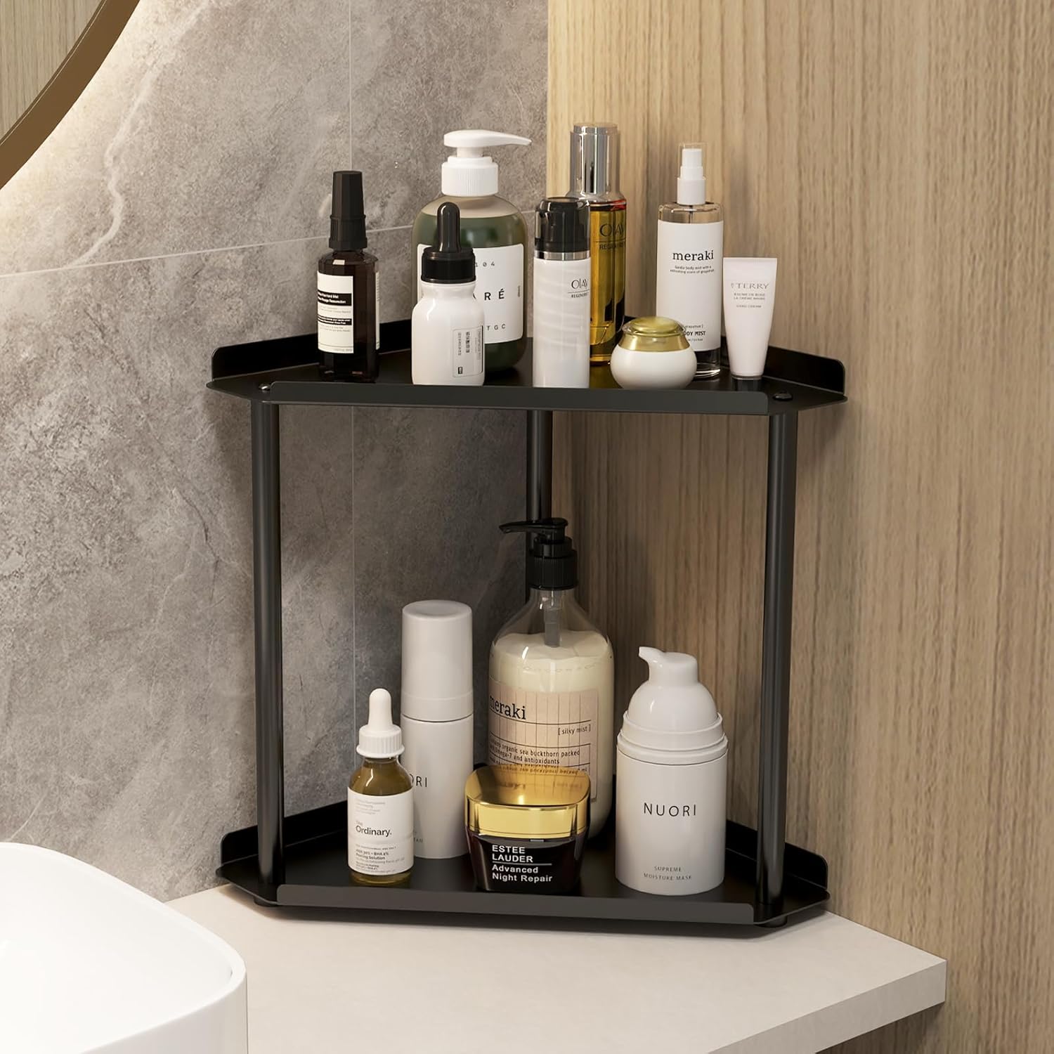 2 Tier Bathroom Counter Organizer with Guardrails and Non-Slip Feet