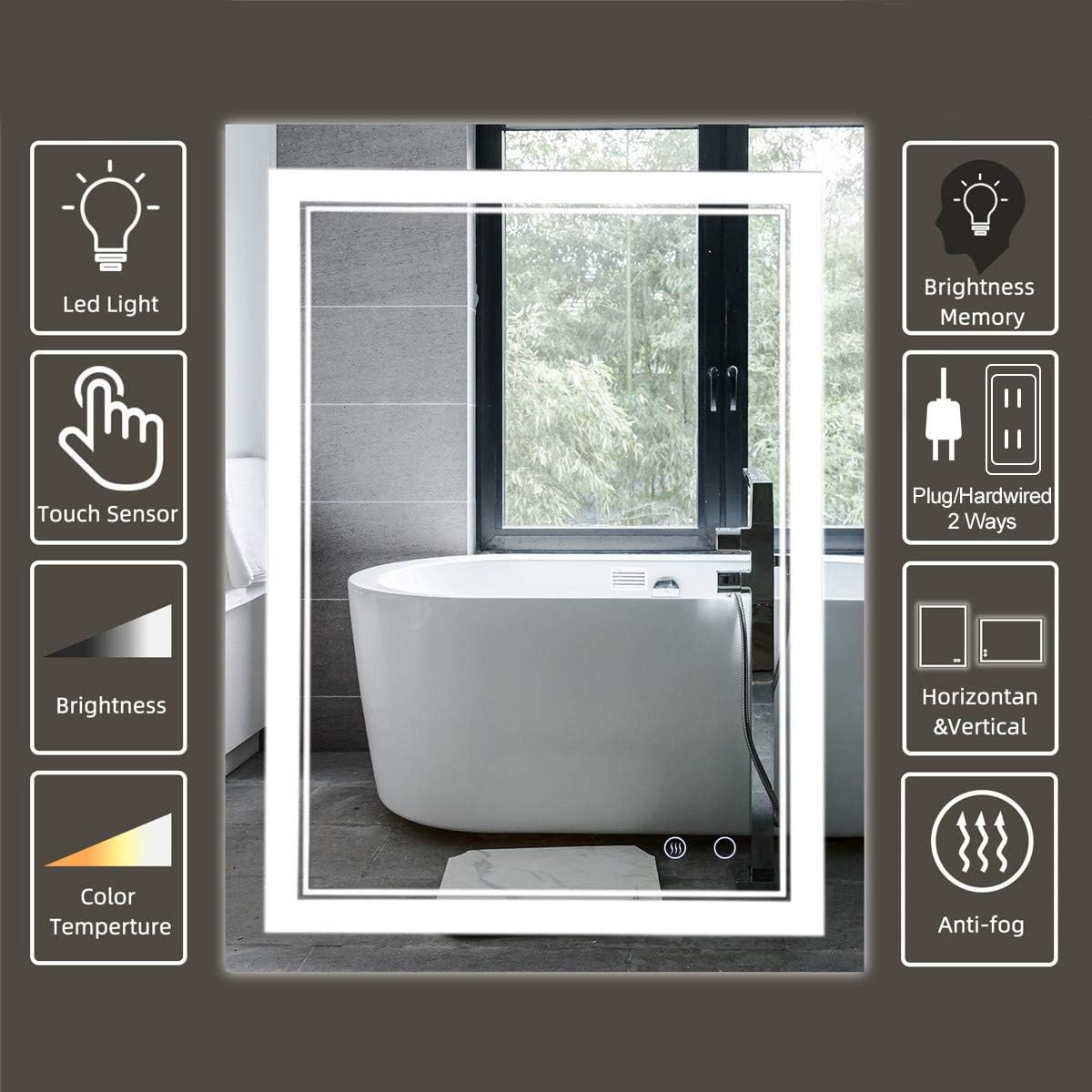 LED Bathroom Mirror with Anti Fog and Dimmable Touch Control