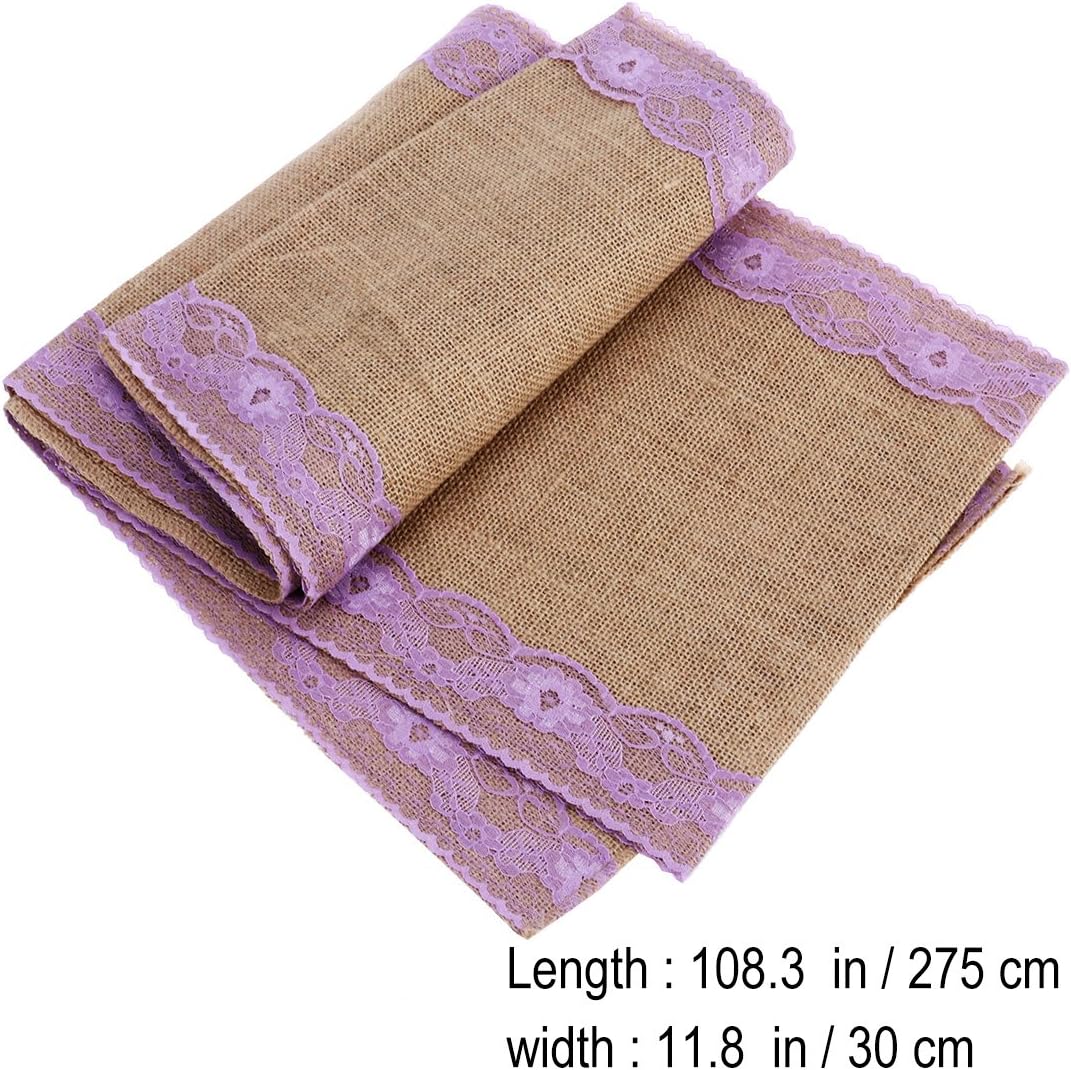 Rustic Brown Linen Table Runner with Purple Lace Design
