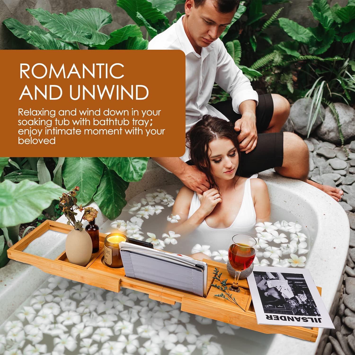 Beshof Foldable Bamboo Bathtub Tray with Holder