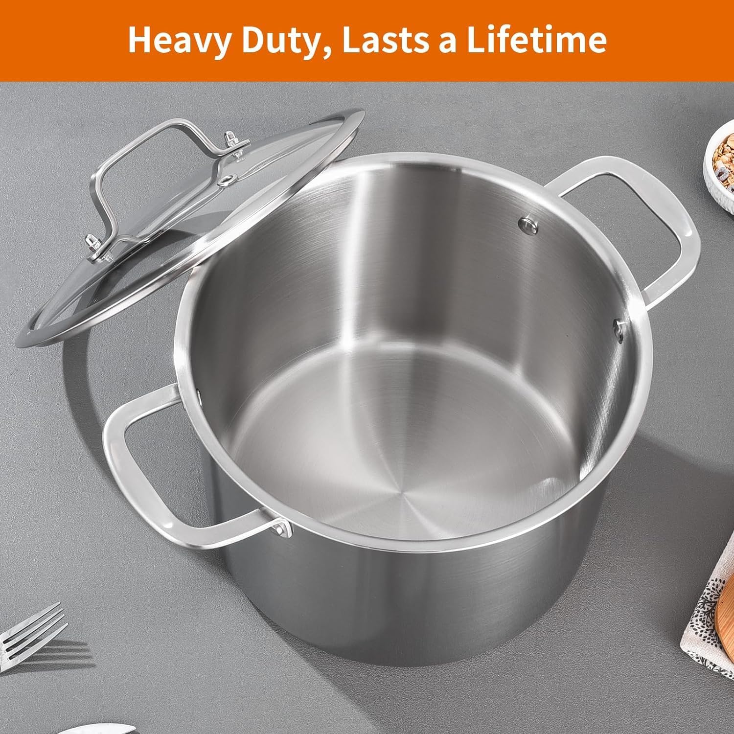 DELARLO Tri-Ply Stainless Steel 12QT Stock Pot with Lid