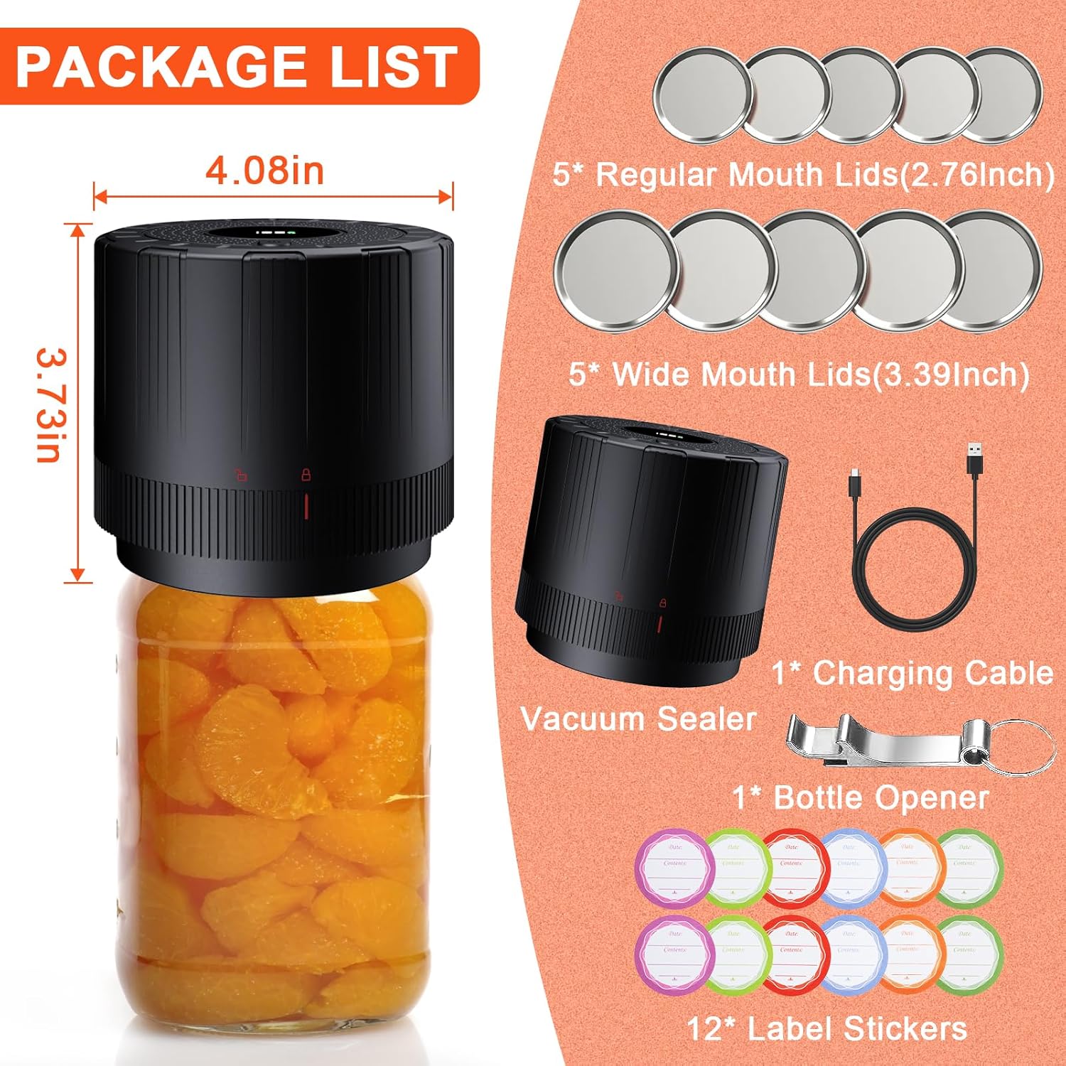 Mason Jar Vacuum Sealer - Rechargeable with 2000mAh Battery