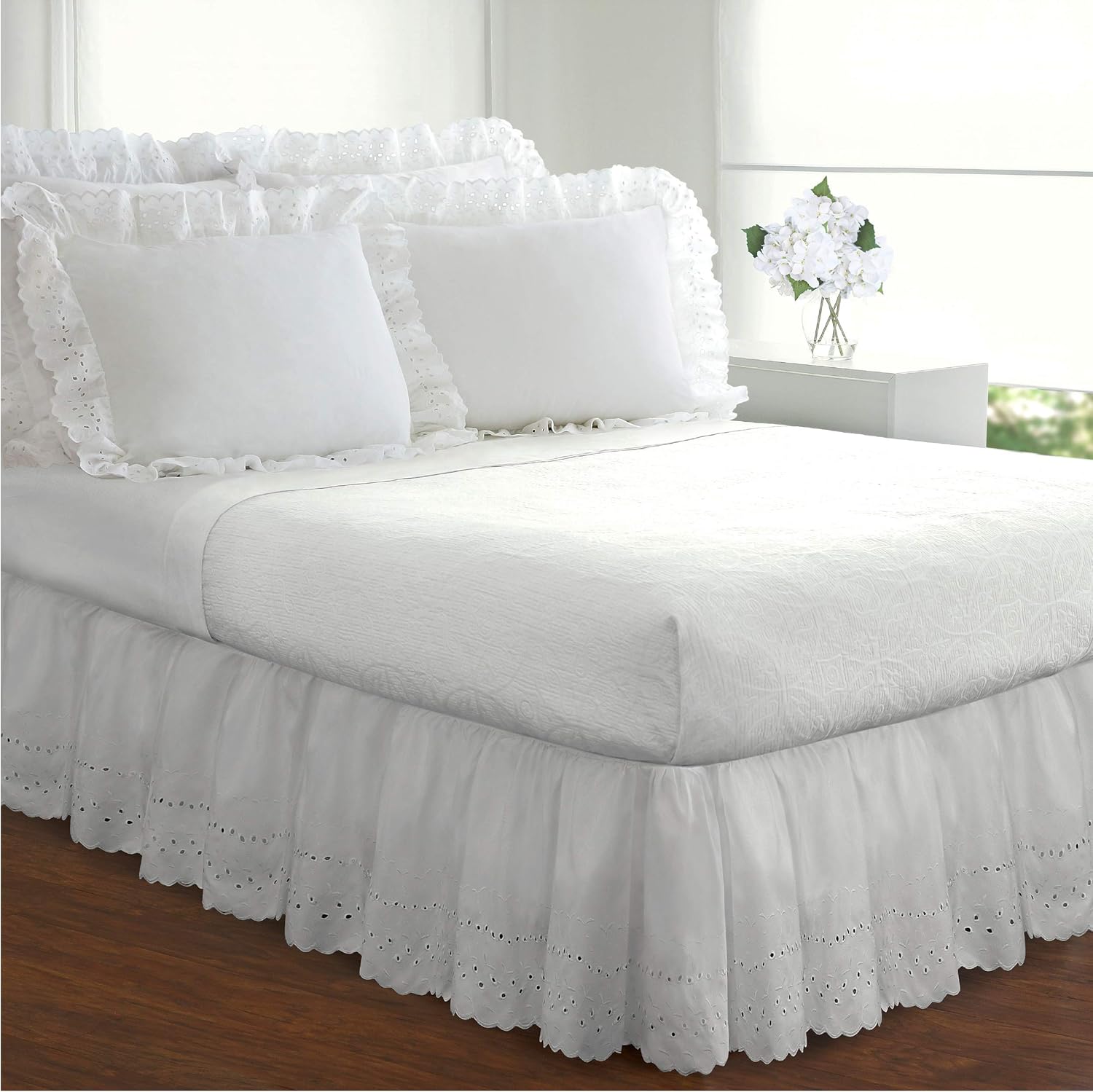 FRESH IDEAS Ruffled Eyelet Bed Skirt Queen White 14 Inch Drop