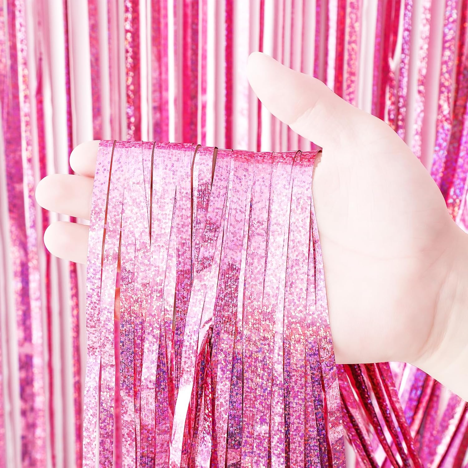 2 Pack Laser Pink Tinsel Foil Fringe Curtains