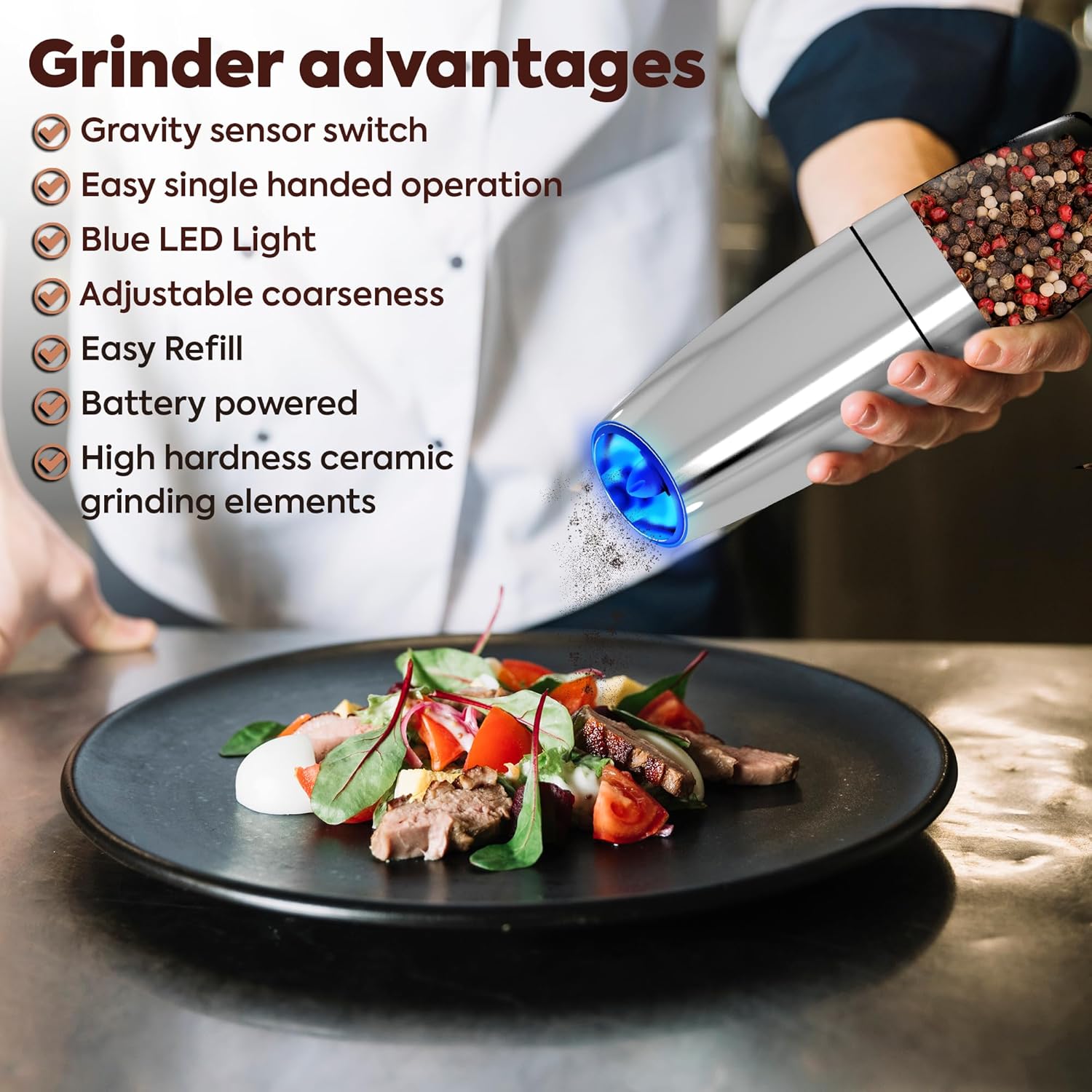 Electric Salt and Pepper Grinder Set with LED Light and Battery