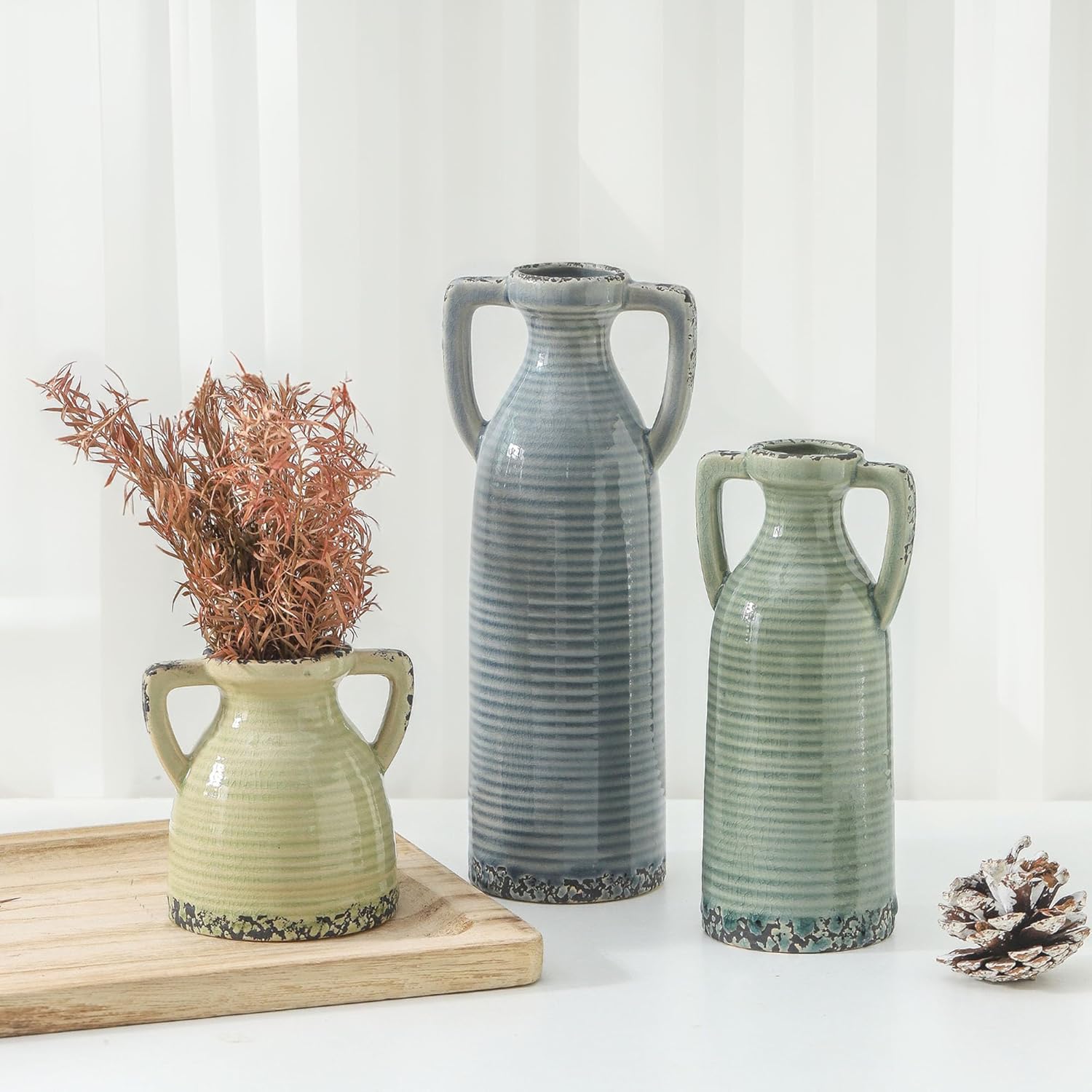 Lyeec Ceramic Vase Set of 3 with Handles