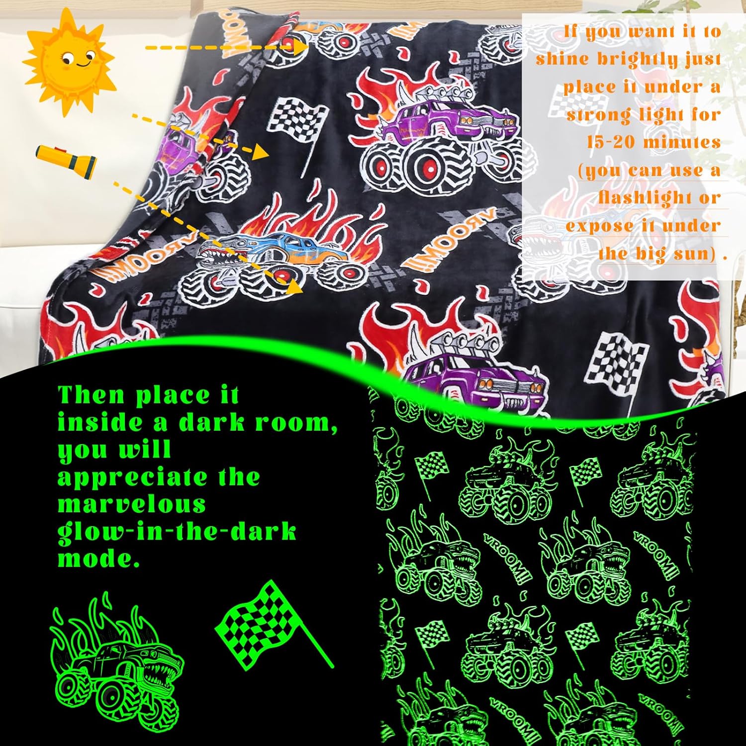 Glow In The Dark Truck Blanket for Boys 60x50