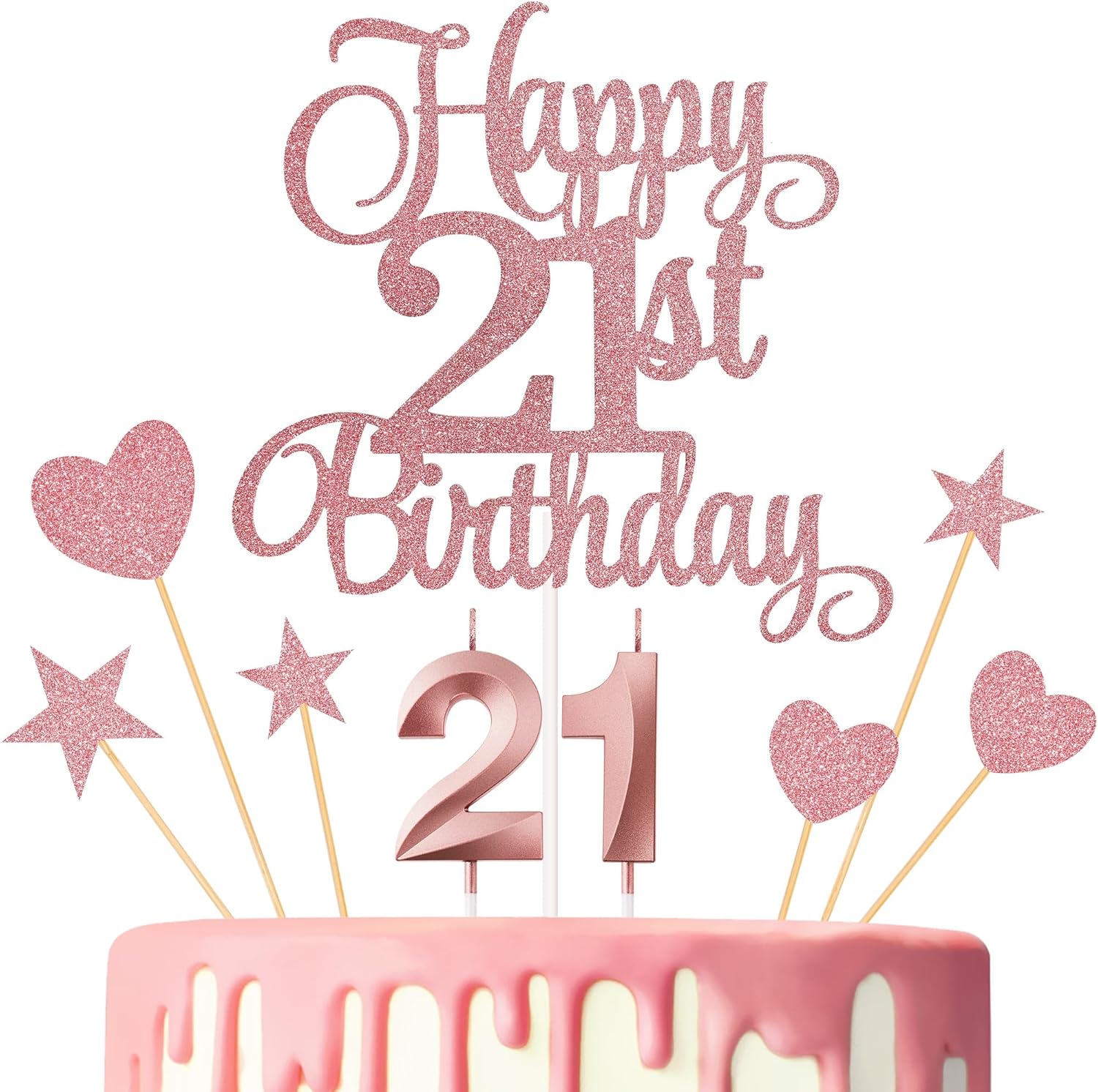 21st Birthday Cake Toppers Set with Glitter Decorations Rose Gold