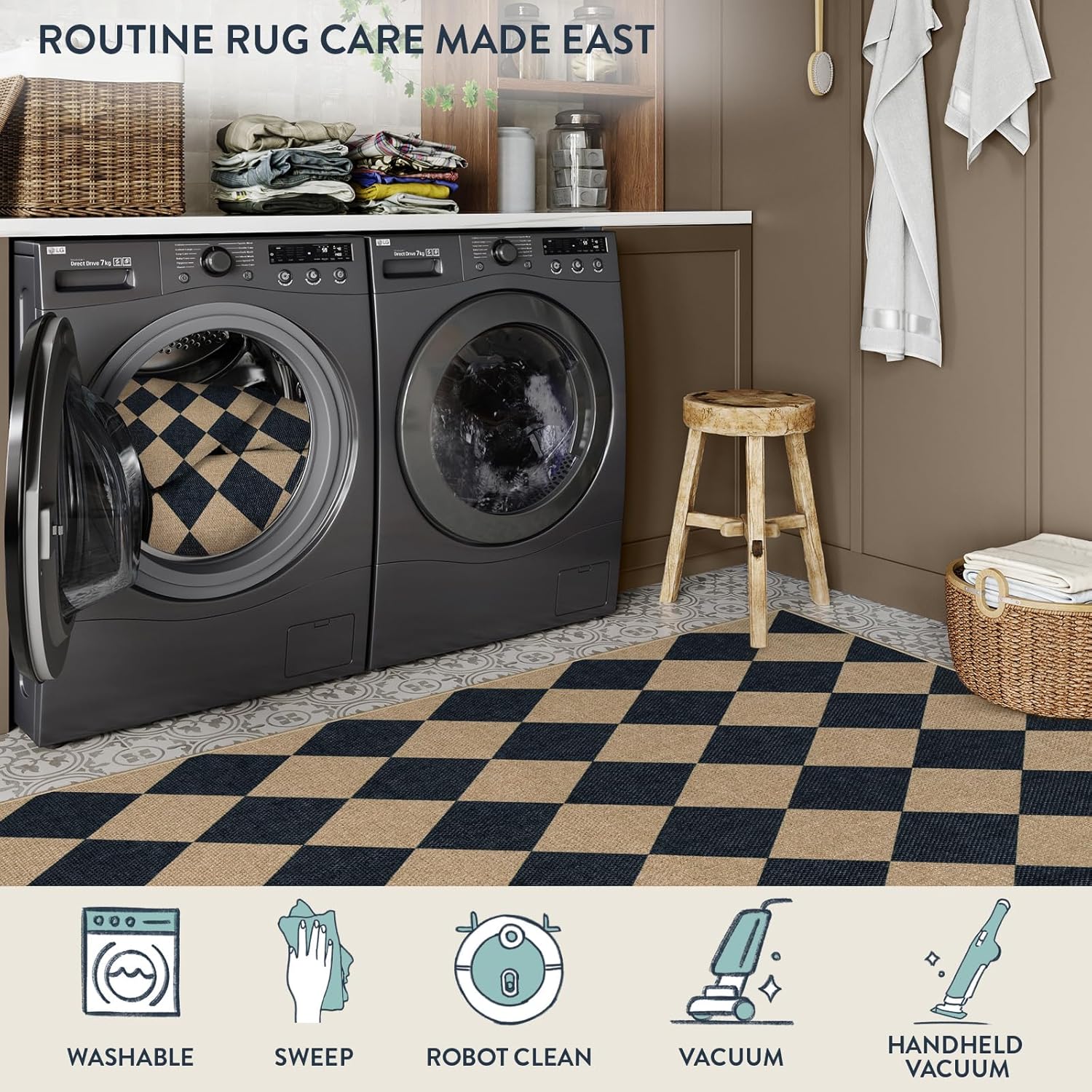 Lahome Checkered Jute Look Runner Rug 2x8 Non Slip Washable