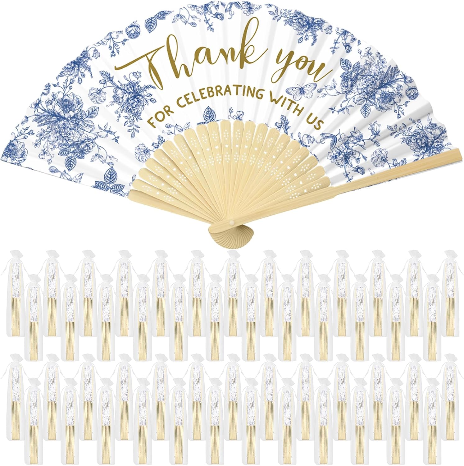 50 Pcs Blue White Flowers Foldable Wedding Fans with Organza Bags