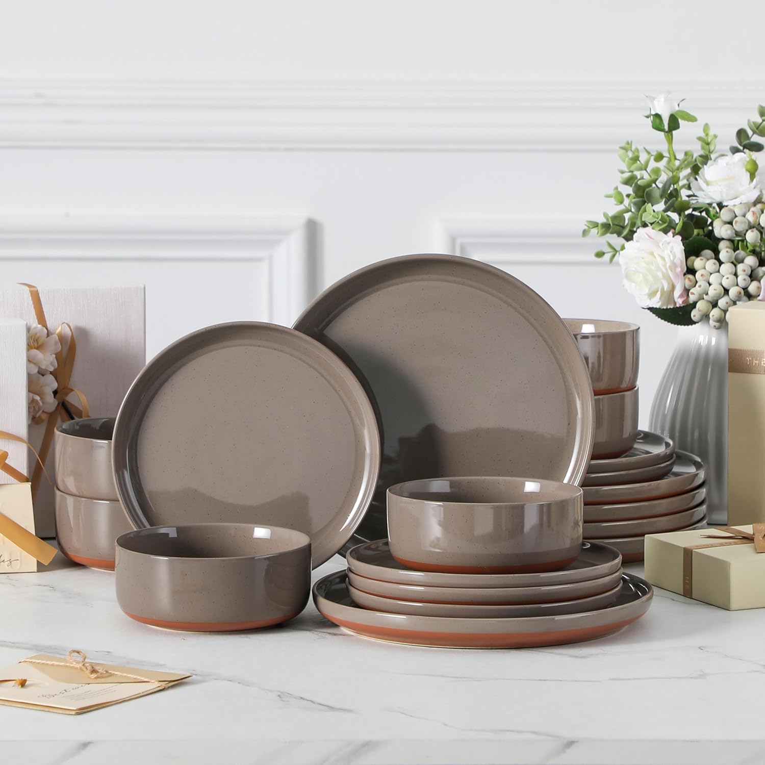 MALACASA 18 Piece Dinnerware Set Tara Brown Modern Ceramic Plates Bowls