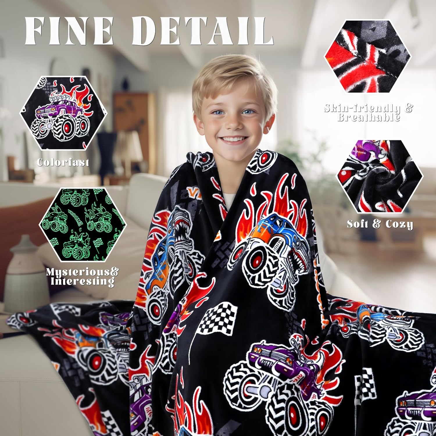 Glow In The Dark Truck Blanket for Boys 60x50