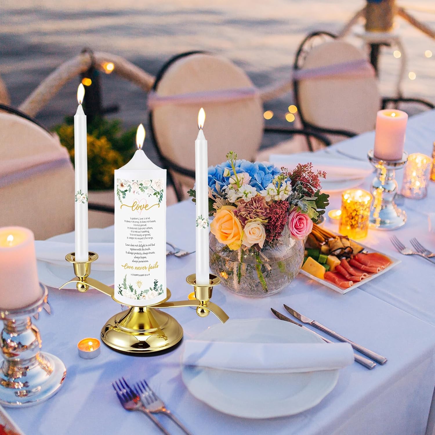 Landhoow 3 Unity Floral Candles Wedding Set with Gold Holder