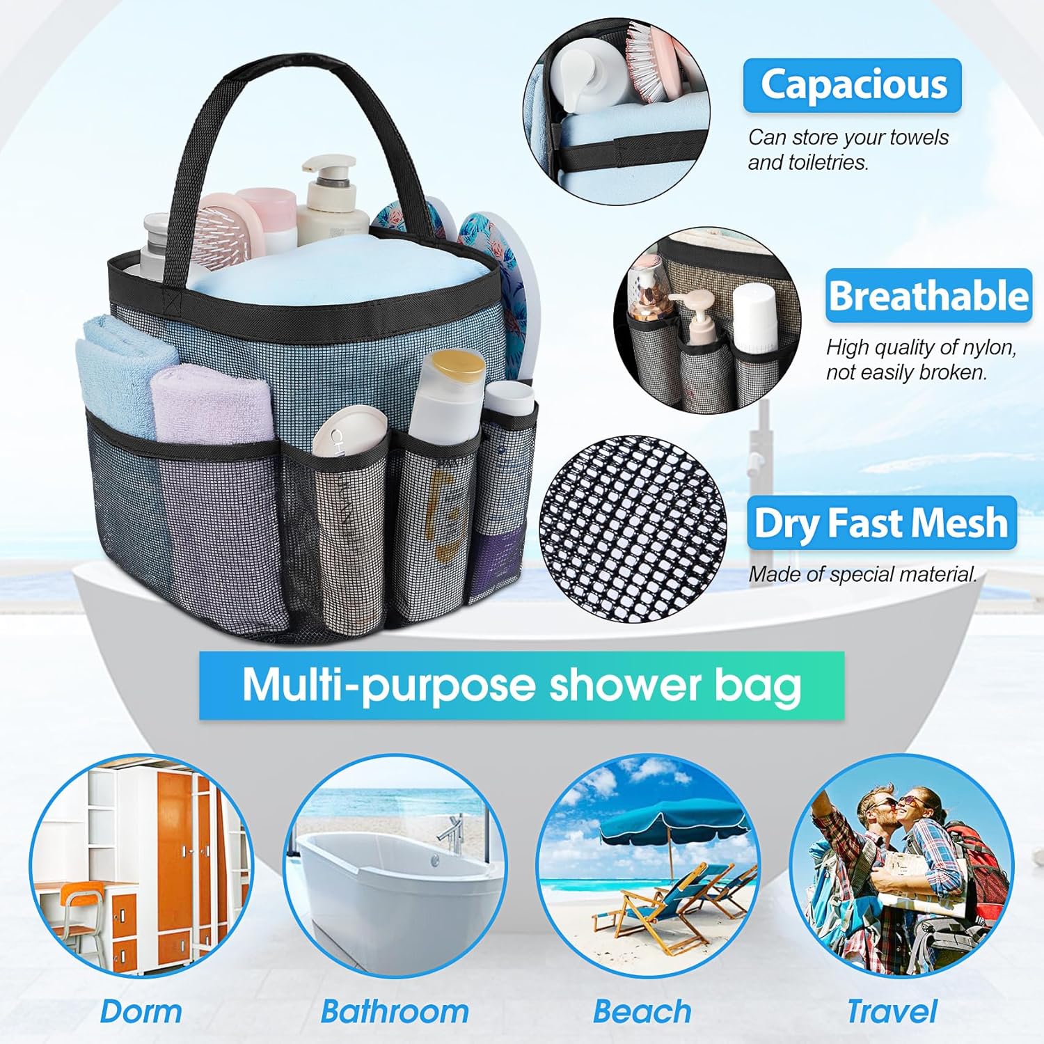 Attmu Mesh Shower Caddy with 8 Pockets Portable Dorm Organizer