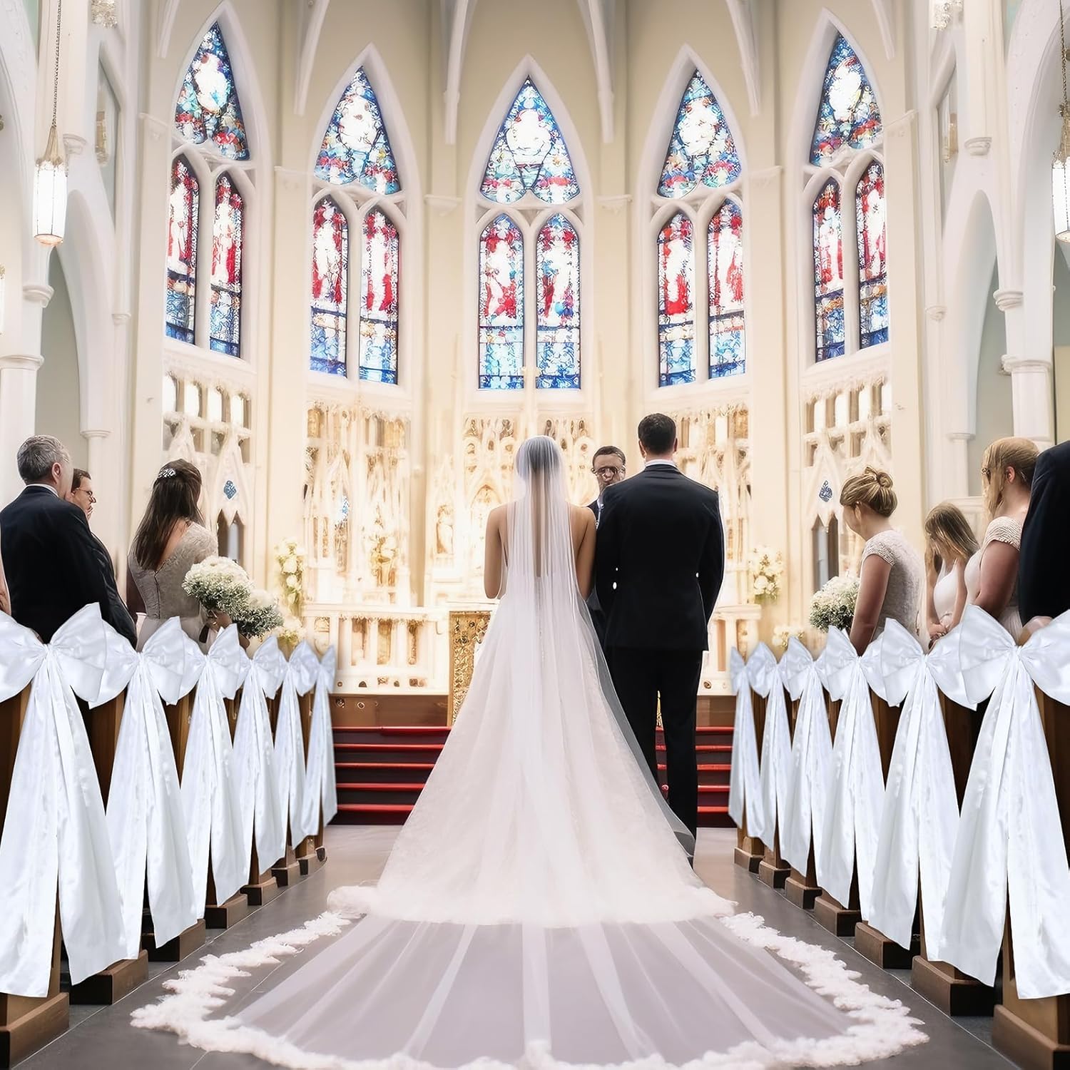 12 Pack White Wedding Pew Bows with Long Tails